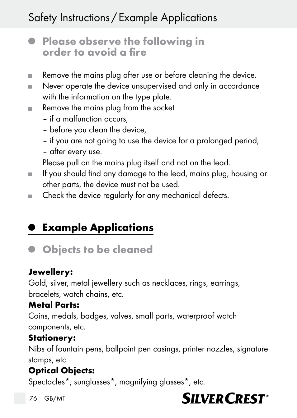 Safety instructions / example applications, Example applications objects to be cleaned | Silvercrest SUR 46 A1 User Manual | Page 76 / 109