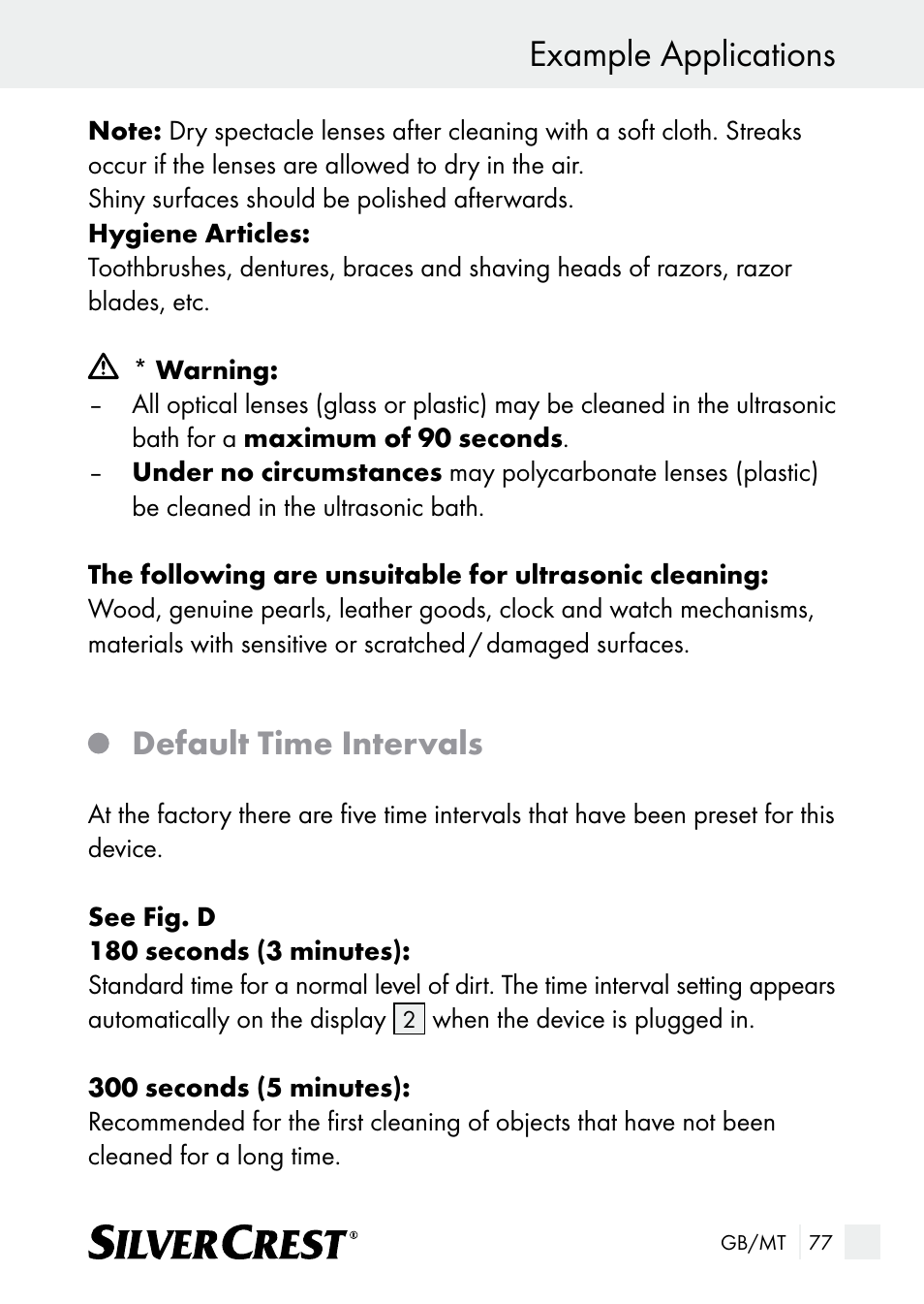 Example applications, Default time intervals | Silvercrest SUR 46 A1 User Manual | Page 77 / 109