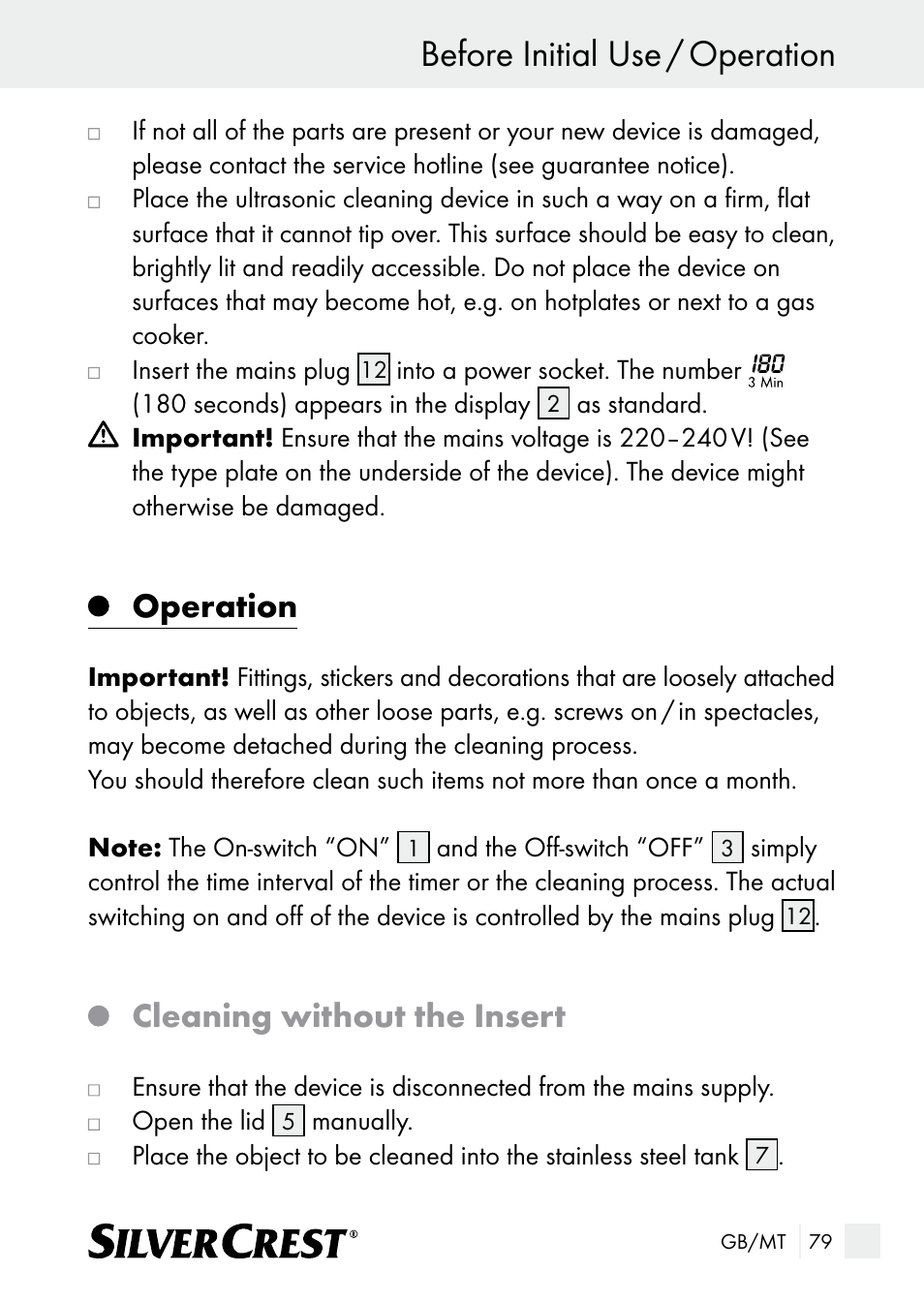 Before initial use / operation, Operation, Cleaning without the insert | Silvercrest SUR 46 A1 User Manual | Page 79 / 109