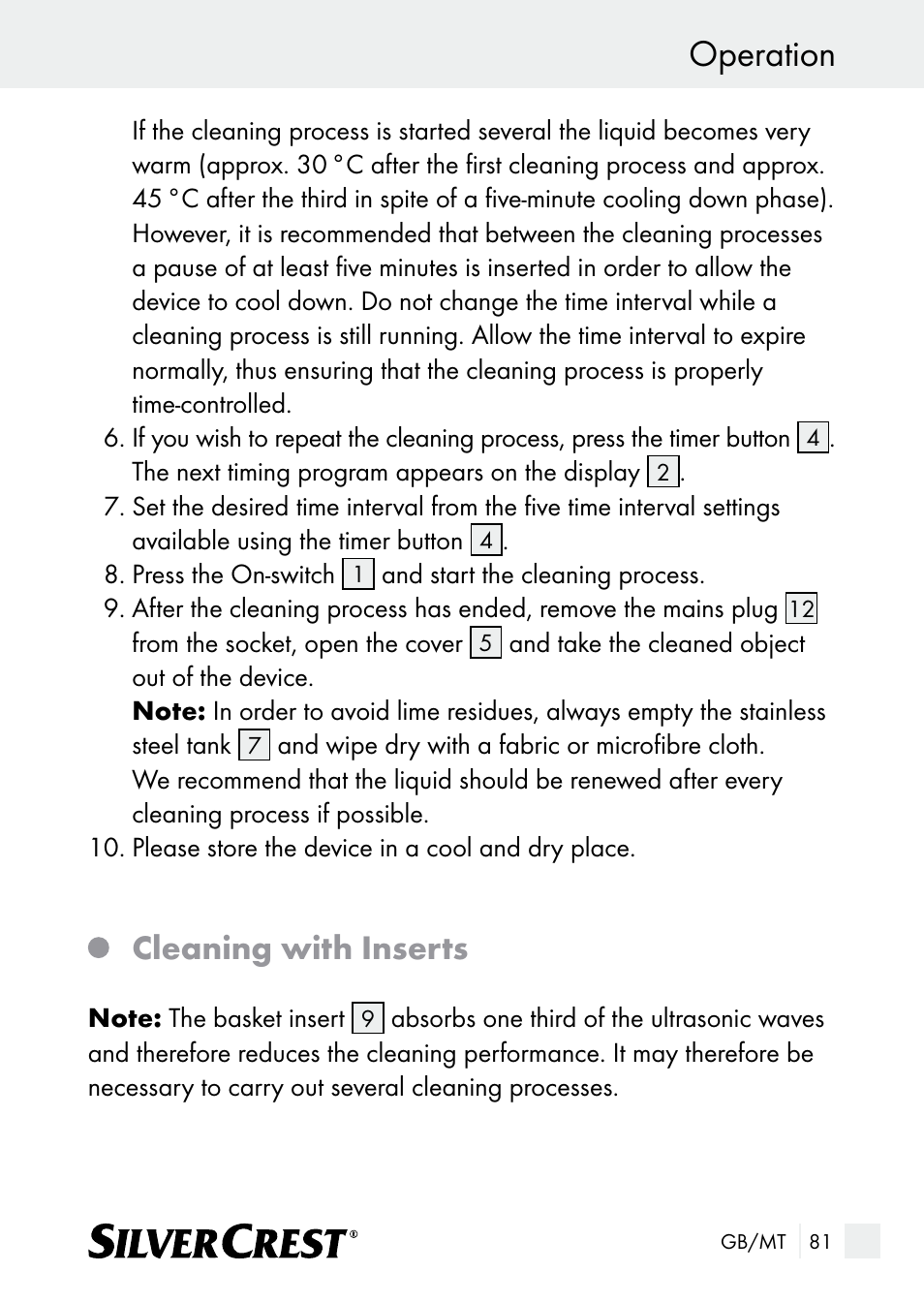 Operation, Cleaning with inserts | Silvercrest SUR 46 A1 User Manual | Page 81 / 109