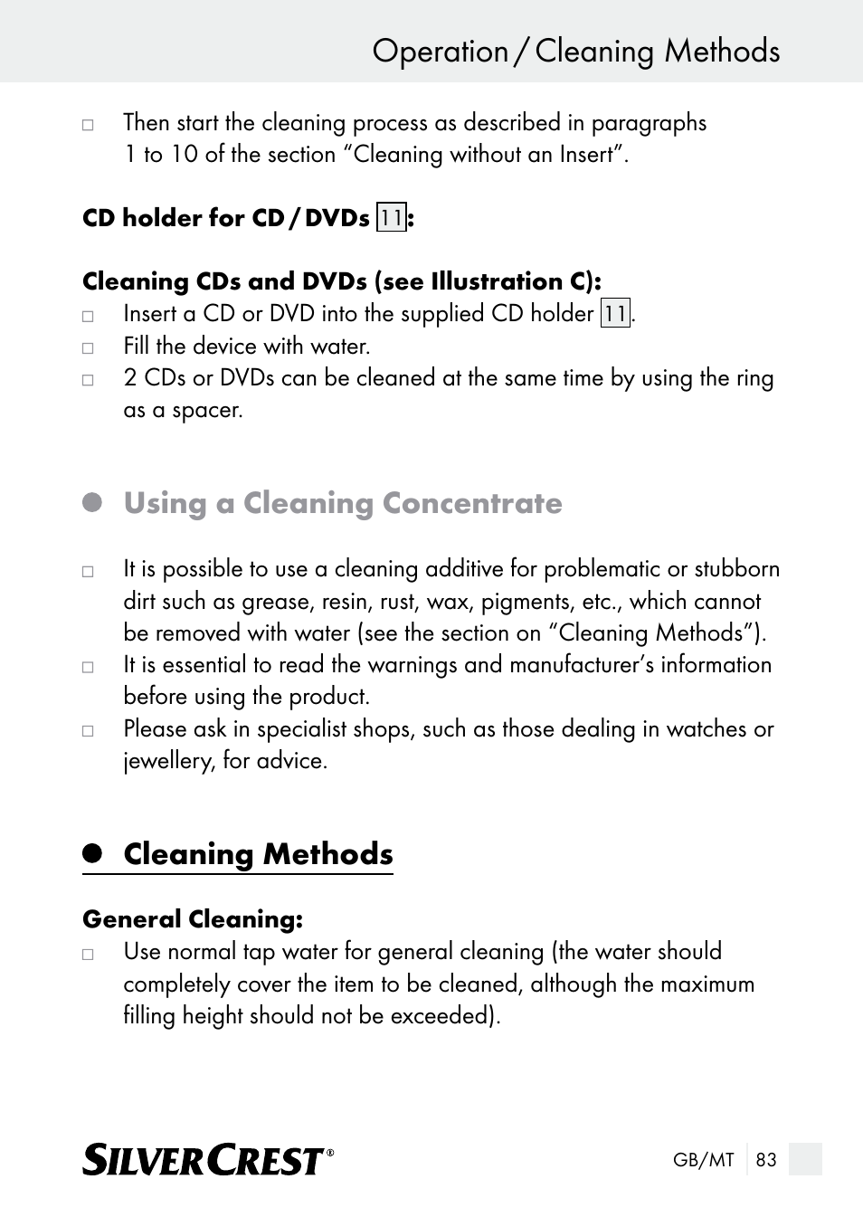 Operation / cleaning methods, Using a cleaning concentrate, Cleaning methods | Silvercrest SUR 46 A1 User Manual | Page 83 / 109