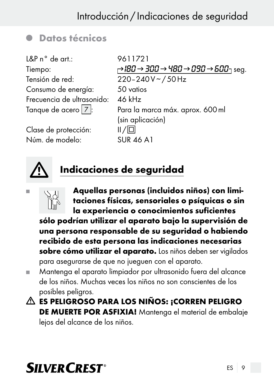 Introducción / indicaciones de seguridad, Datos técnicos, Indicaciones de seguridad | Silvercrest SUR 46 A1 User Manual | Page 9 / 109