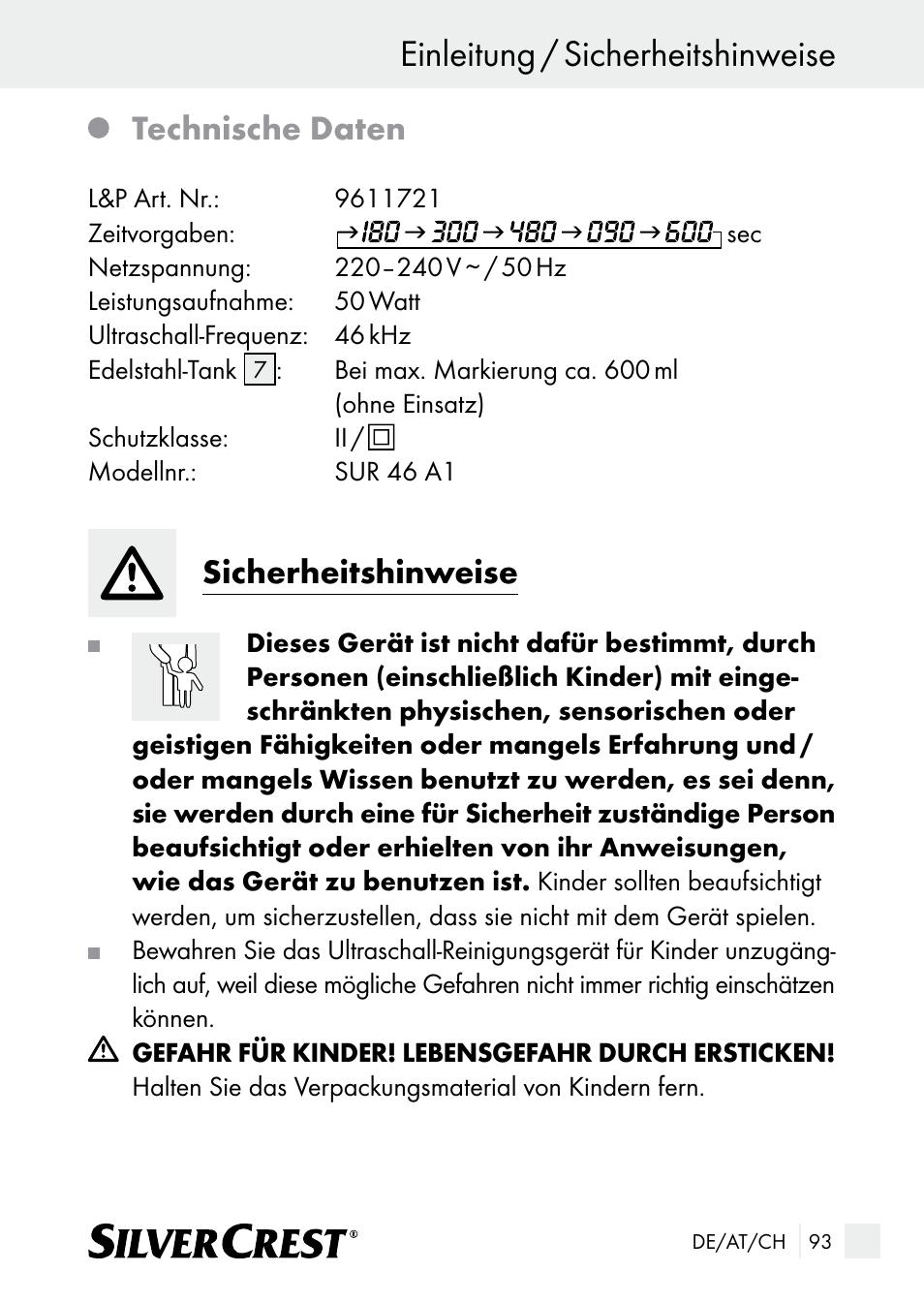 Einleitung / sicherheitshinweise, Technische daten, Sicherheitshinweise | Silvercrest SUR 46 A1 User Manual | Page 93 / 109