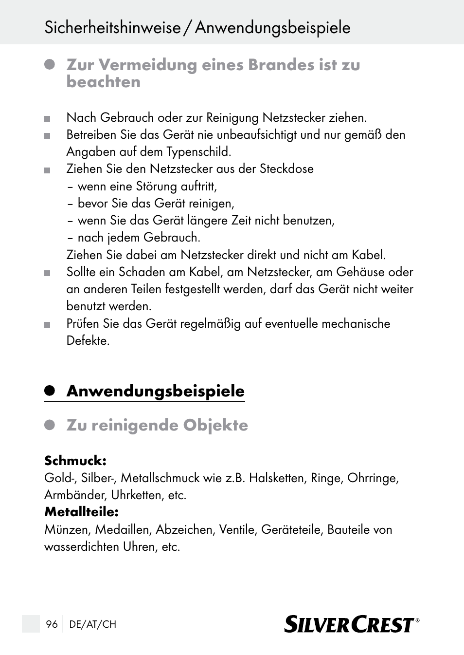 Sicherheitshinweise / anwendungsbeispiele, Zur vermeidung eines brandes ist zu beachten, Anwendungsbeispiele zu reinigende objekte | Silvercrest SUR 46 A1 User Manual | Page 96 / 109