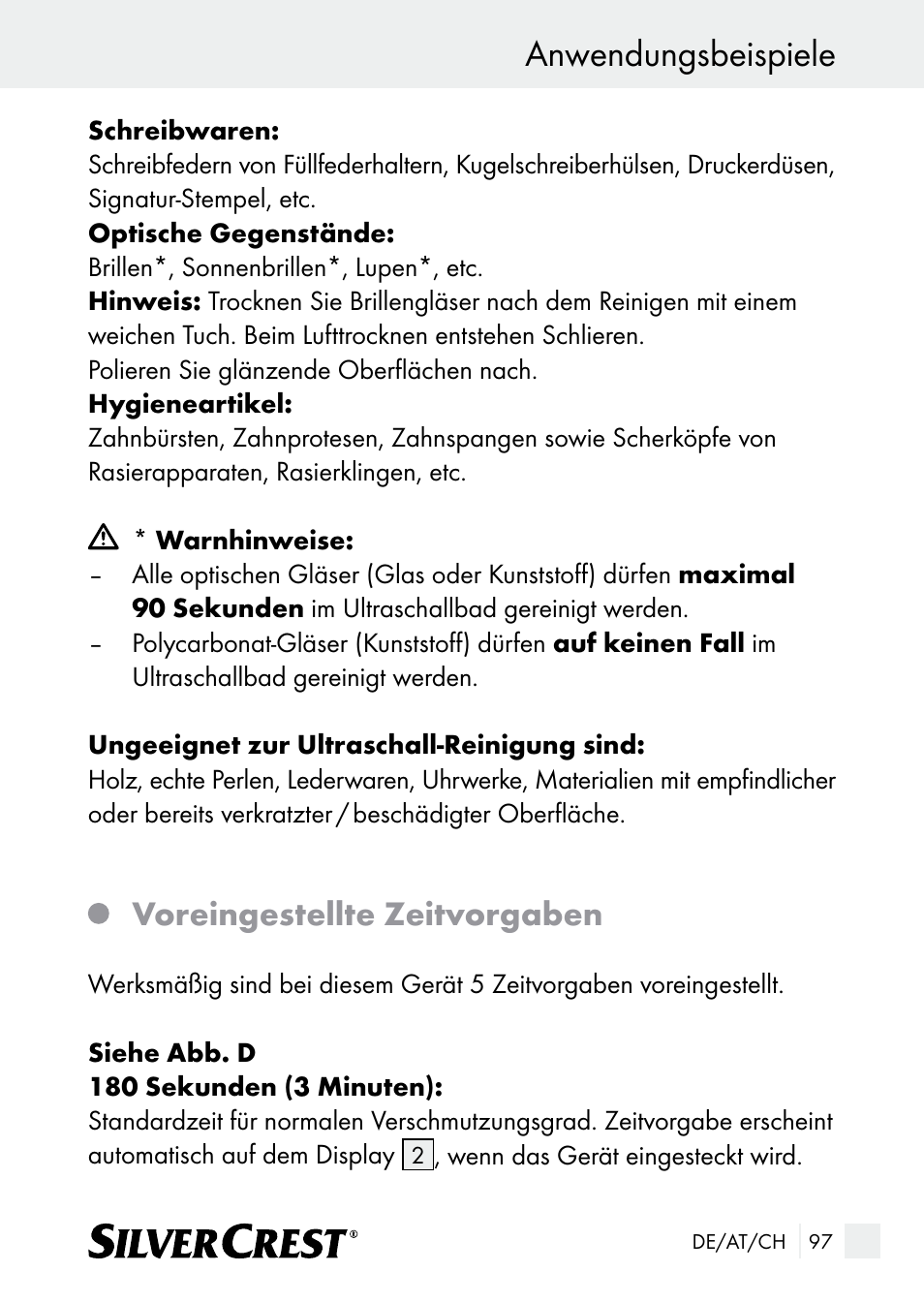 Anwendungsbeispiele, Voreingestellte zeitvorgaben | Silvercrest SUR 46 A1 User Manual | Page 97 / 109