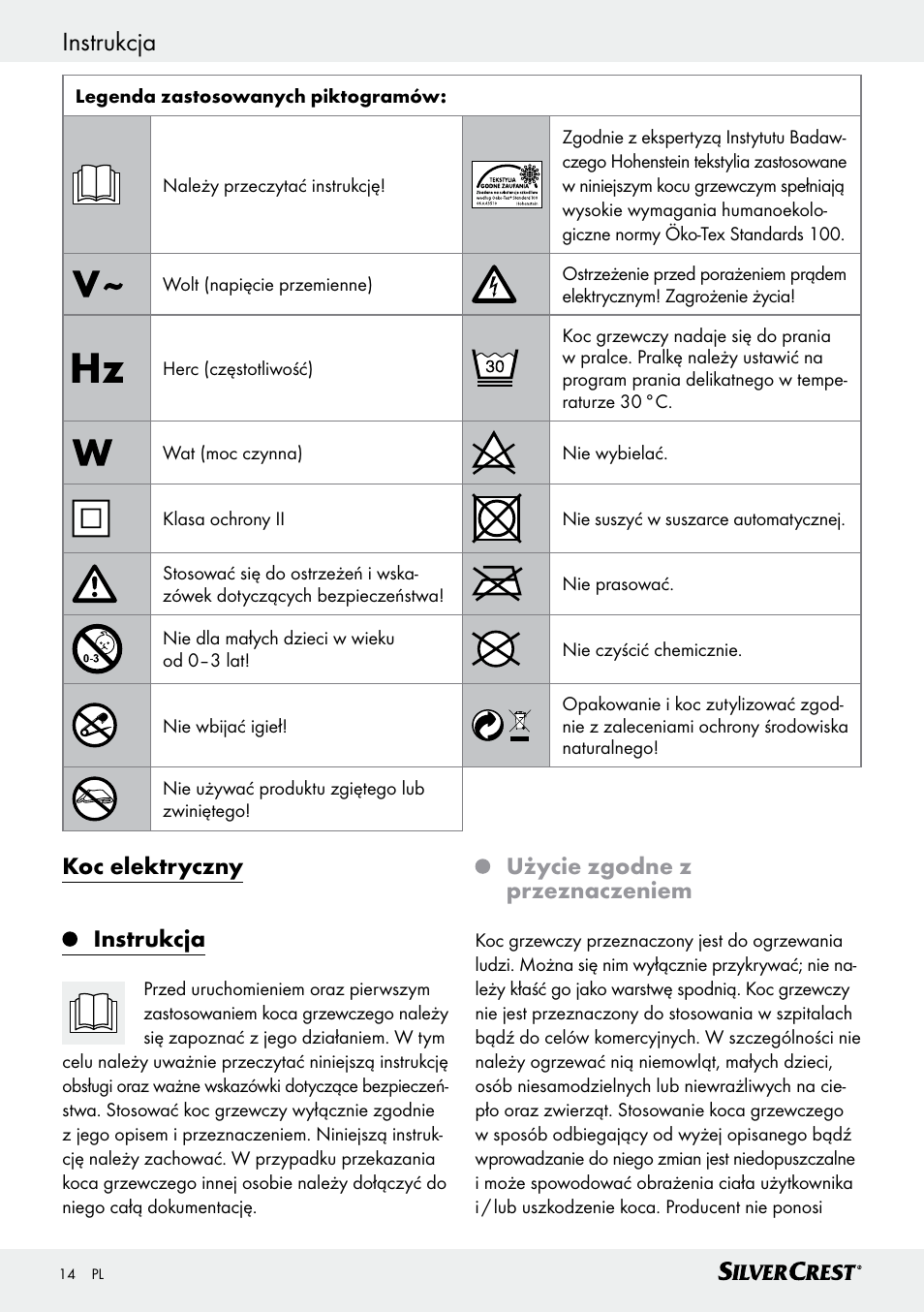 Instrukcja, Koc elektryczny instrukcja, Użycie zgodne z przeznaczeniem | Silvercrest SWD 100 C2 User Manual | Page 14 / 54