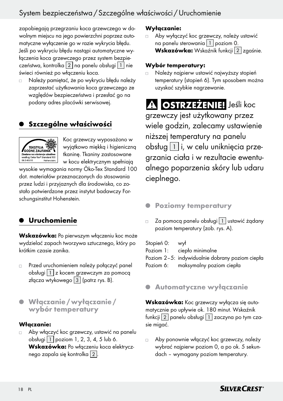 Szczególne właściwości, Uruchomienie, Włączanie / wyłączanie / wybór temperatury | Poziomy temperatury, Automatyczne wyłączanie | Silvercrest SWD 100 C2 User Manual | Page 18 / 54