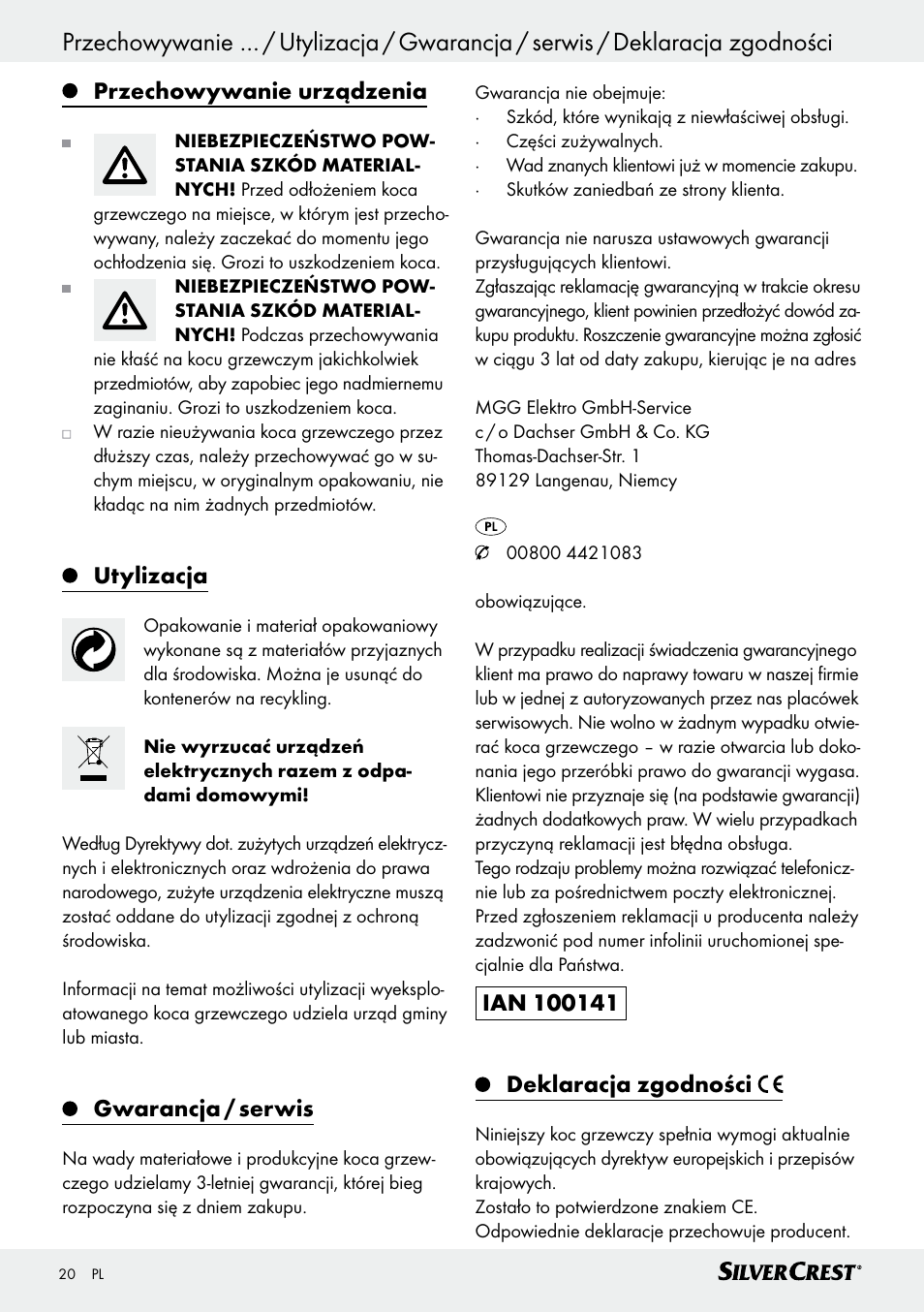 Tartalomjegyzék, Przechowywanie urządzenia, Utylizacja | Gwarancja / serwis | Silvercrest SWD 100 C2 User Manual | Page 20 / 54