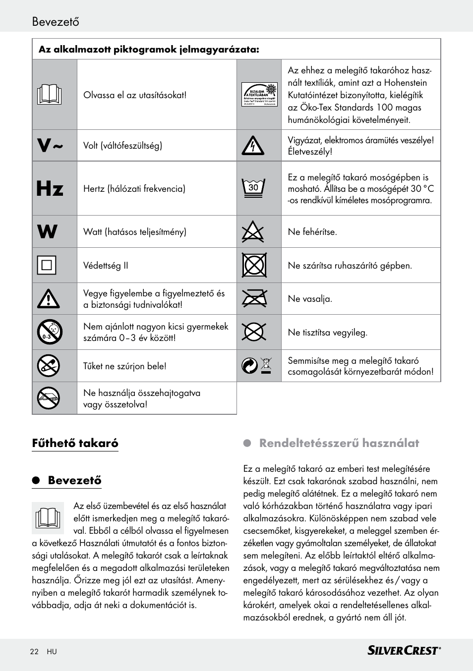 Bevezető bevezető / fontos biztonsági tudnivalók, Fűthető takaró bevezető, Rendeltetésszerű használat | Silvercrest SWD 100 C2 User Manual | Page 22 / 54