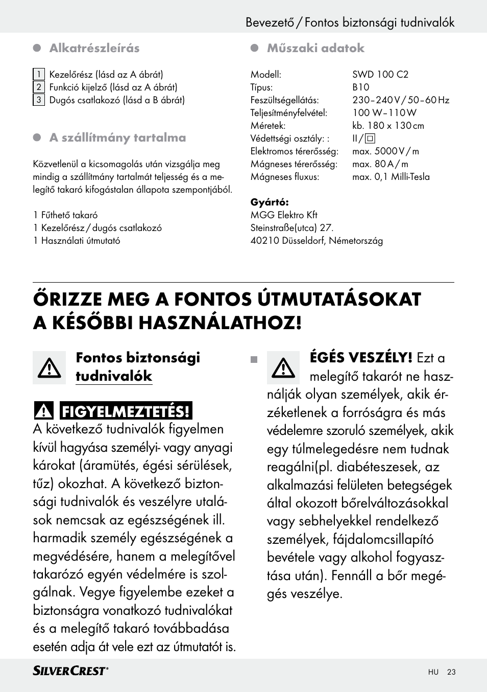 Bevezető bevezető / fontos biztonsági tudnivalók | Silvercrest SWD 100 C2 User Manual | Page 23 / 54