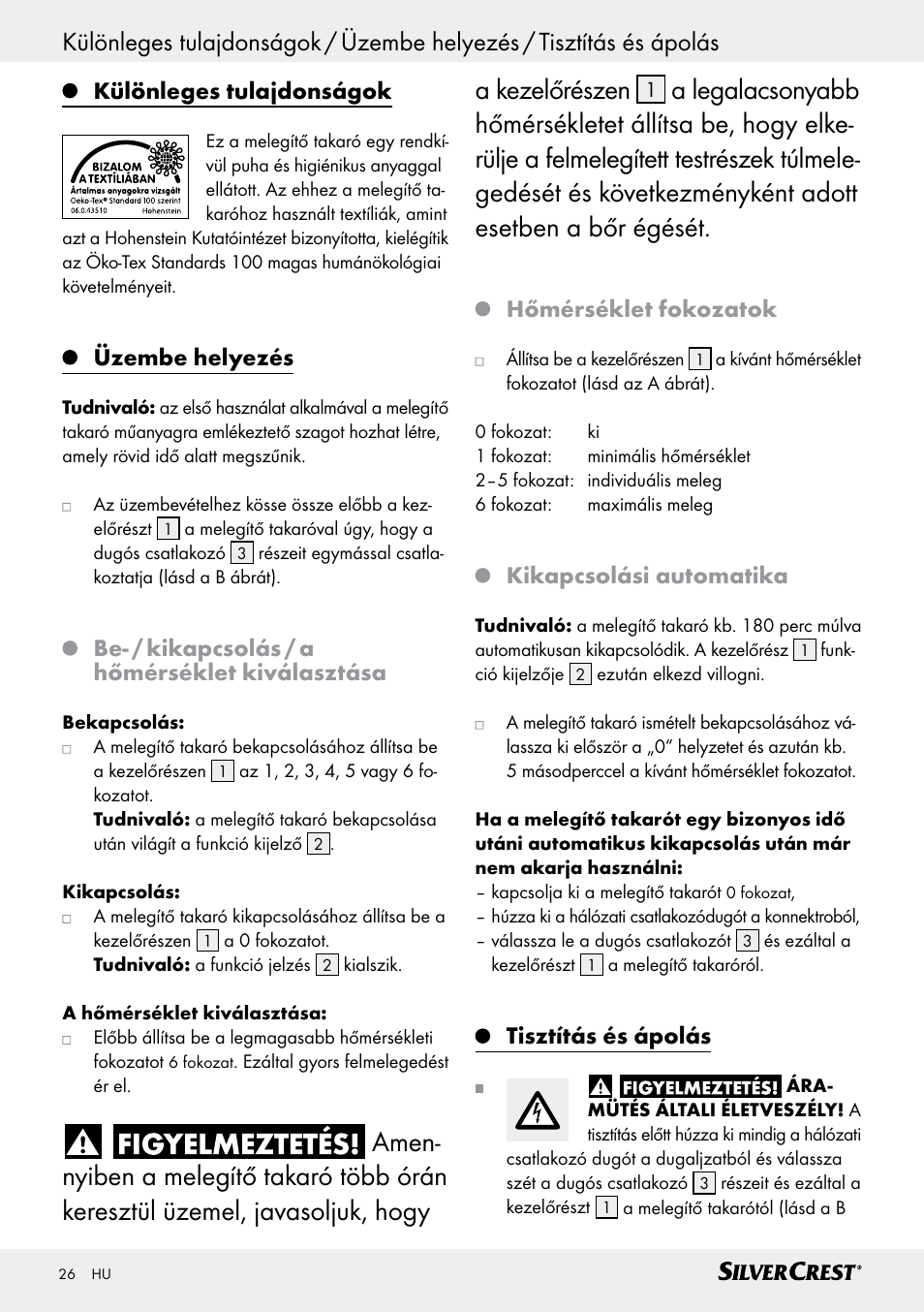 Különleges tulajdonságok, Üzembe helyezés, Be- / kikapcsolás / a hőmérséklet kiválasztása | Hőmérséklet fokozatok, Kikapcsolási automatika, Tisztítás és ápolás | Silvercrest SWD 100 C2 User Manual | Page 26 / 54