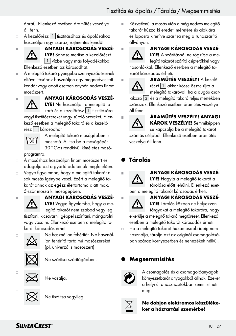 Tárolás, Megsemmisítés | Silvercrest SWD 100 C2 User Manual | Page 27 / 54