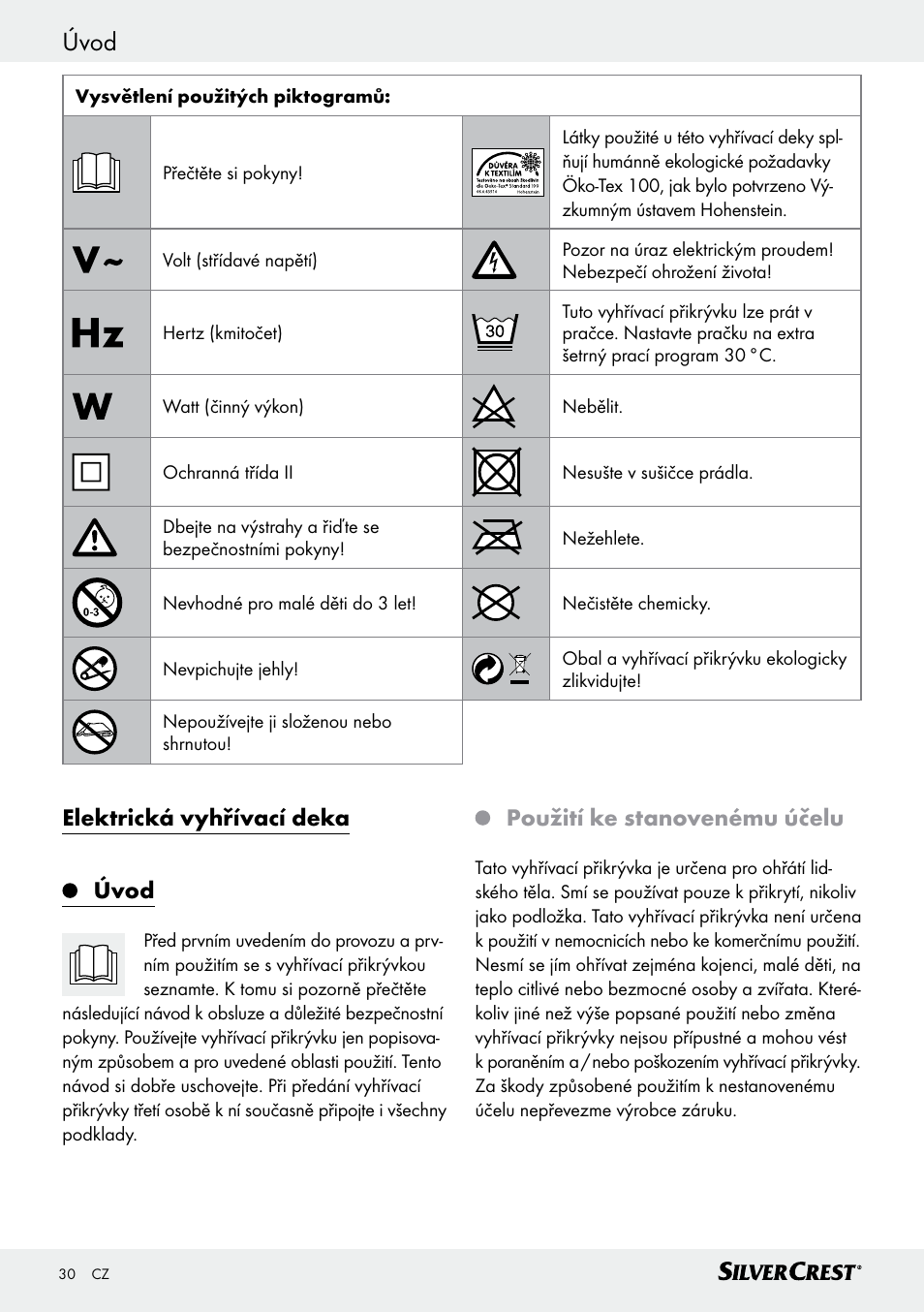 Úvod, Úvod / důležitá bezpečnostní upozornění, Elektrická vyhřívací deka úvod | Použití ke stanovenému účelu | Silvercrest SWD 100 C2 User Manual | Page 30 / 54