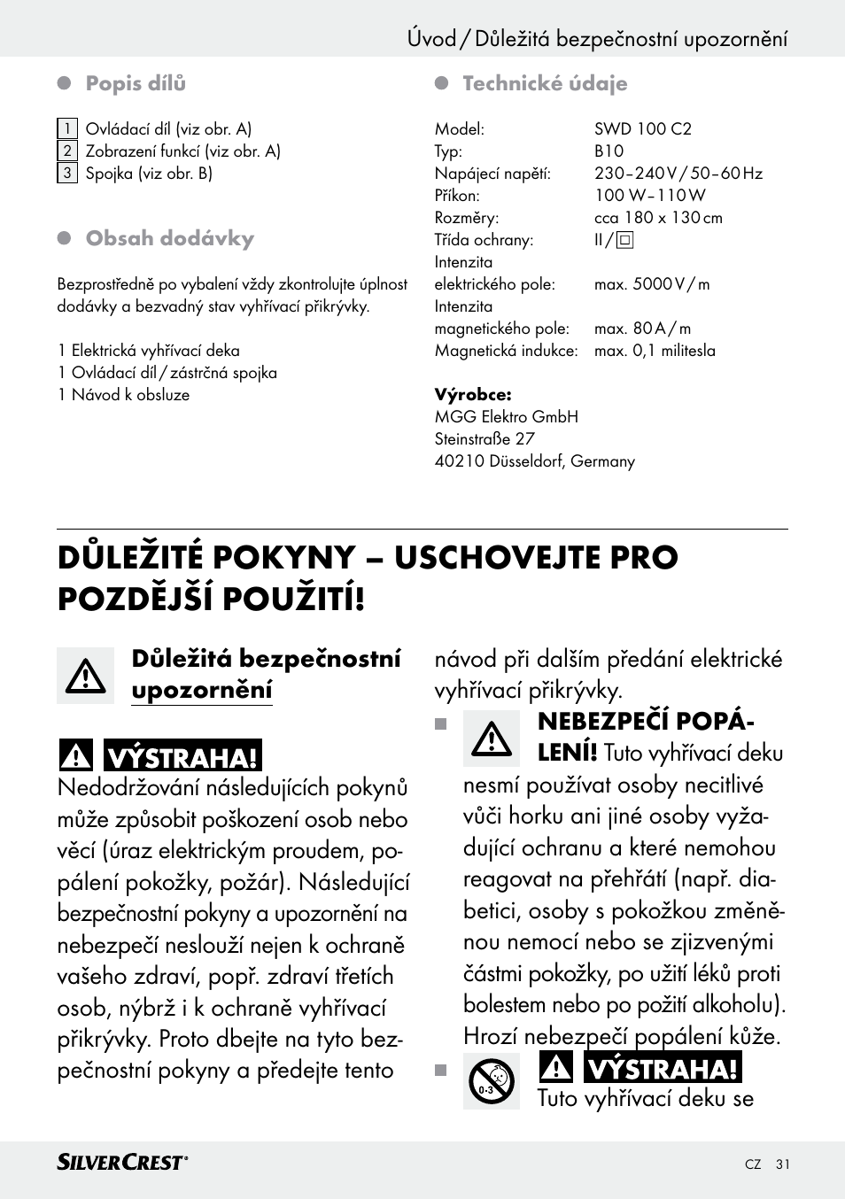 Důležité pokyny – uschovejte pro pozdější použití | Silvercrest SWD 100 C2 User Manual | Page 31 / 54