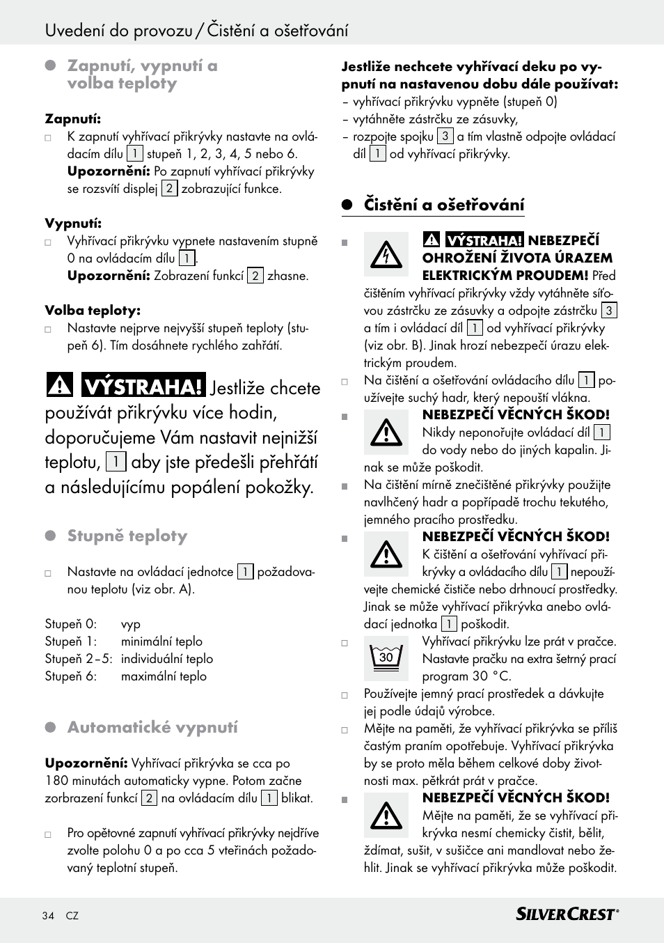 Uvedení do provozu / čistění a ošetřování, Zapnutí, vypnutí a volba teploty, Stupně teploty | Automatické vypnutí, Čistění a ošetřování | Silvercrest SWD 100 C2 User Manual | Page 34 / 54