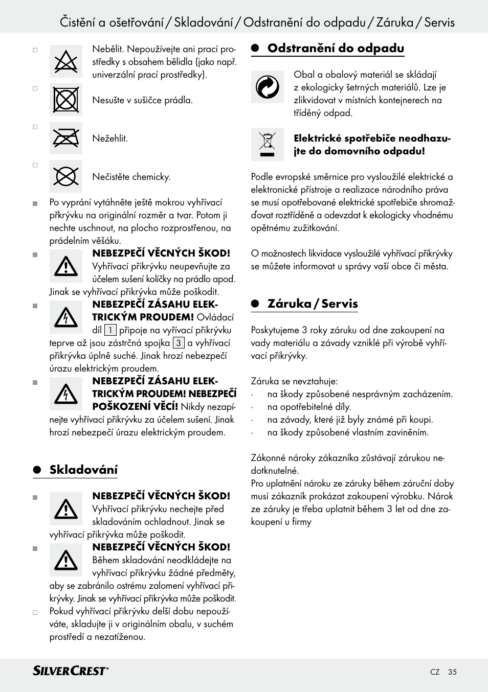 Skladování, Odstranění do odpadu, Záruka / servis | Silvercrest SWD 100 C2 User Manual | Page 35 / 54