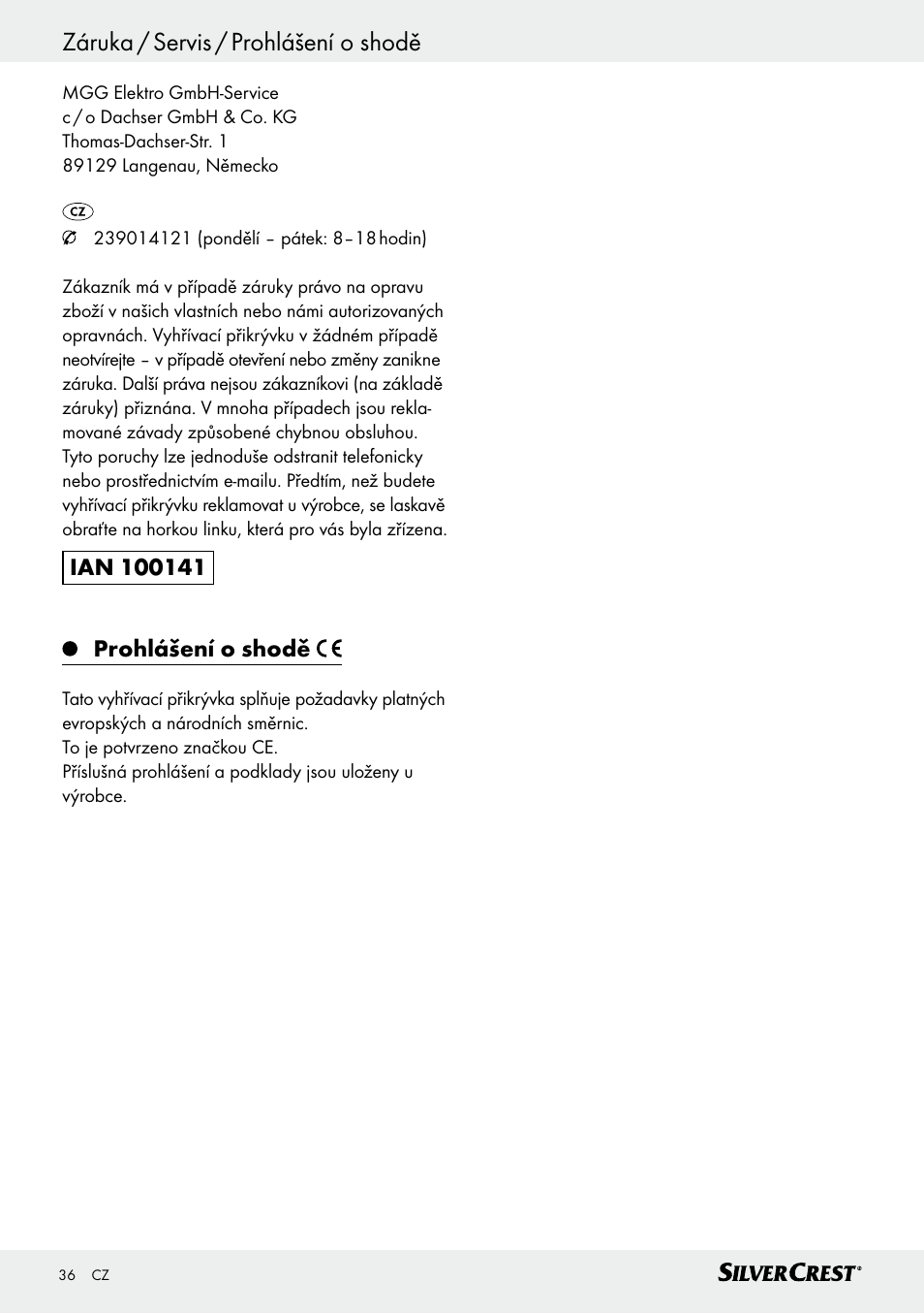 Záruka / servis / prohlášení o shodě | Silvercrest SWD 100 C2 User Manual | Page 36 / 54