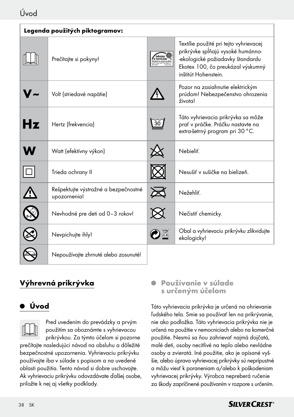 Úvod, Výhrevná prikrývka úvod, Používanie v súlade s určeným účelom | Silvercrest SWD 100 C2 User Manual | Page 38 / 54