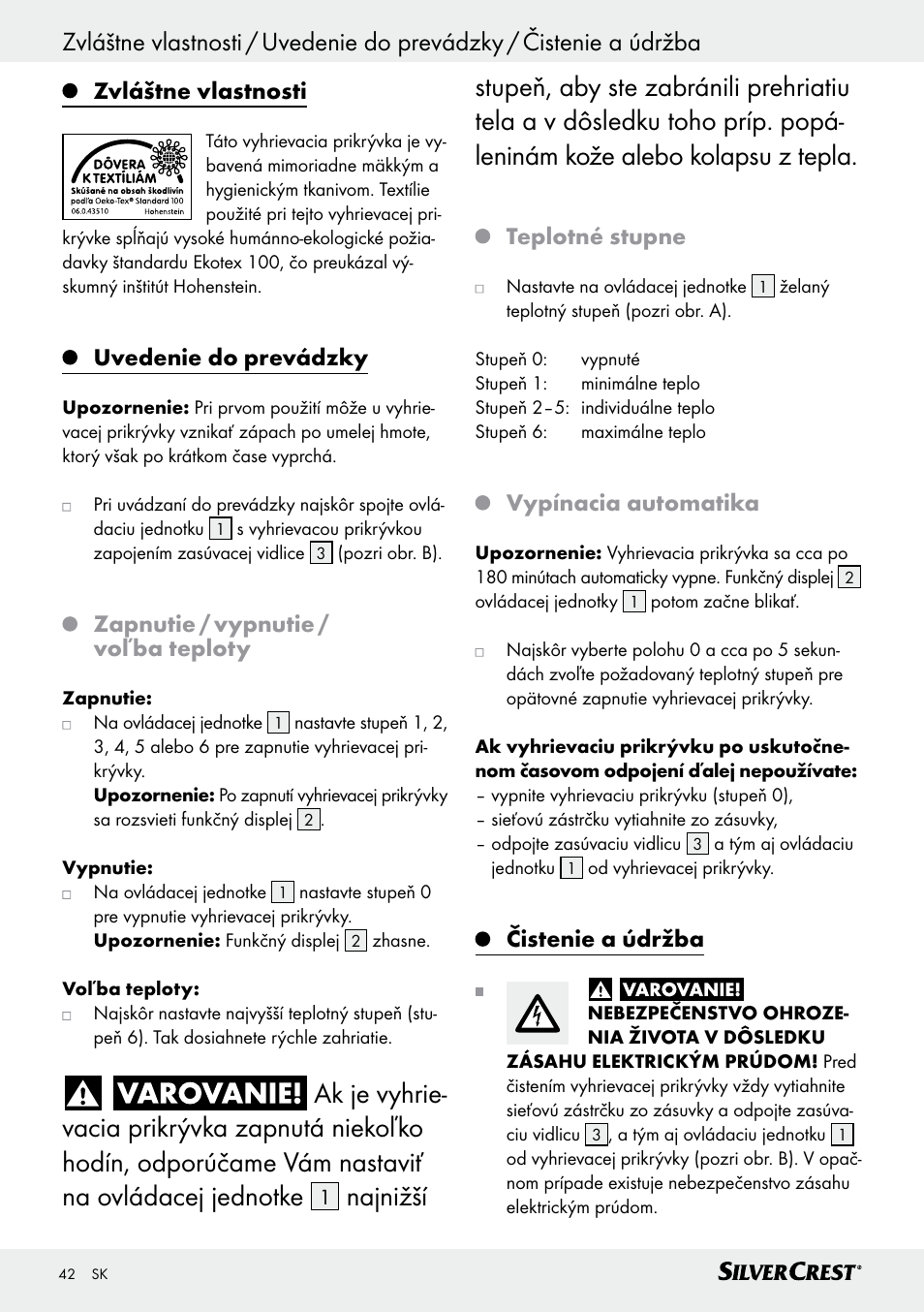 Čistenie a údržba / skladovanie / likvidácia, Zvláštne vlastnosti, Uvedenie do prevádzky | Zapnutie / vypnutie / voľba teploty, Teplotné stupne, Vypínacia automatika, Čistenie a údržba | Silvercrest SWD 100 C2 User Manual | Page 42 / 54