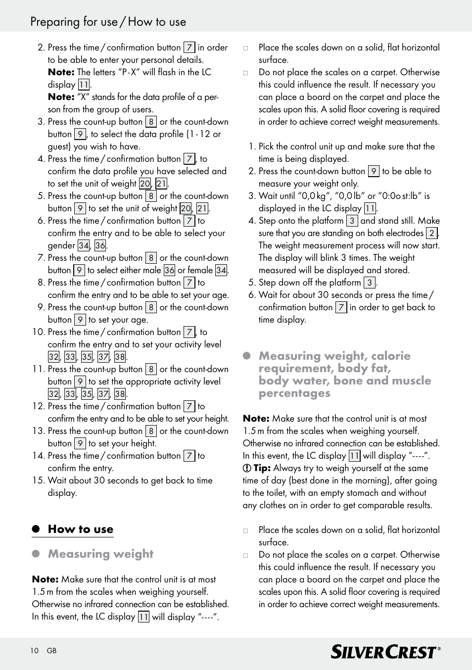 Preparing for use / how to use, How to use, Measuring weight | Silvercrest Z28414 User Manual | Page 10 / 66