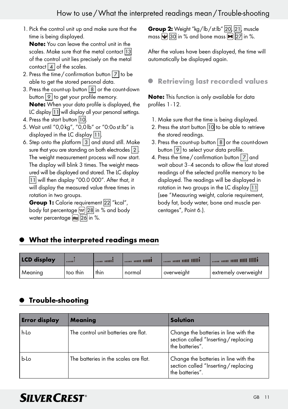 Retrieving last recorded values, What the interpreted readings mean, Trouble-shooting | Silvercrest Z28414 User Manual | Page 11 / 66