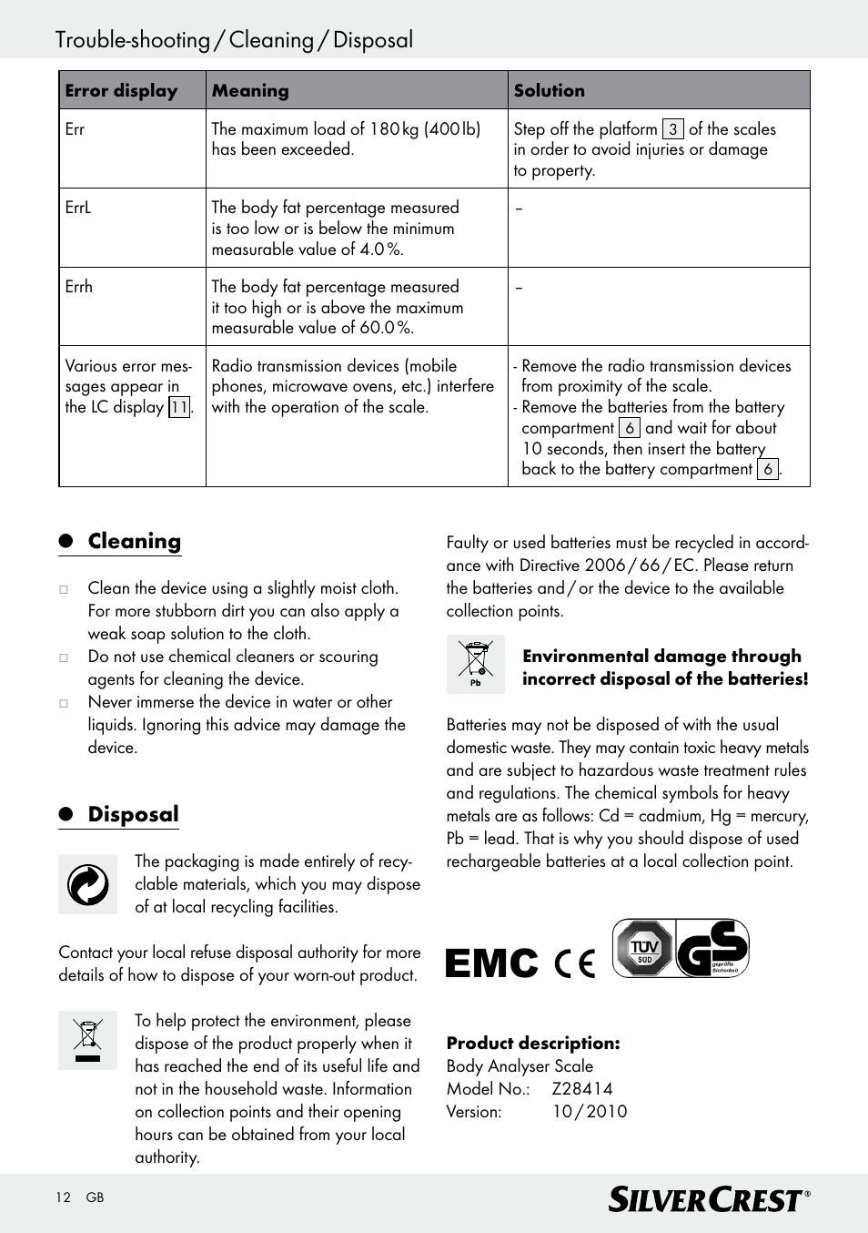 Trouble-shooting / cleaning / disposal, Cleaning, Disposal | Silvercrest Z28414 User Manual | Page 12 / 66