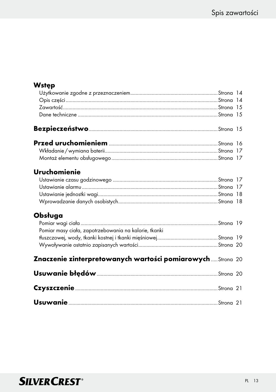 Spis zawartości | Silvercrest Z28414 User Manual | Page 13 / 66