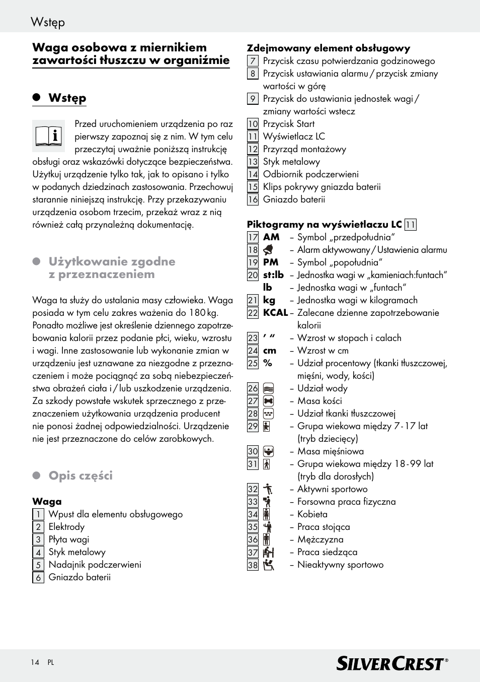 Wstęp, Użytkowanie zgodne z przeznaczeniem, Opis części | Silvercrest Z28414 User Manual | Page 14 / 66