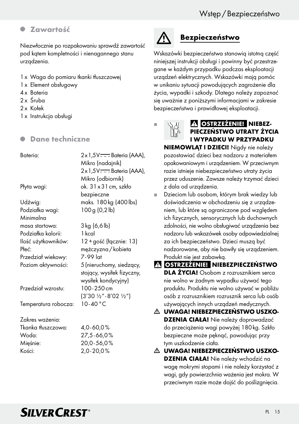 Wstęp / bezpieczeństwo, Zawartość, Dane techniczne | Bezpieczeństwo | Silvercrest Z28414 User Manual | Page 15 / 66