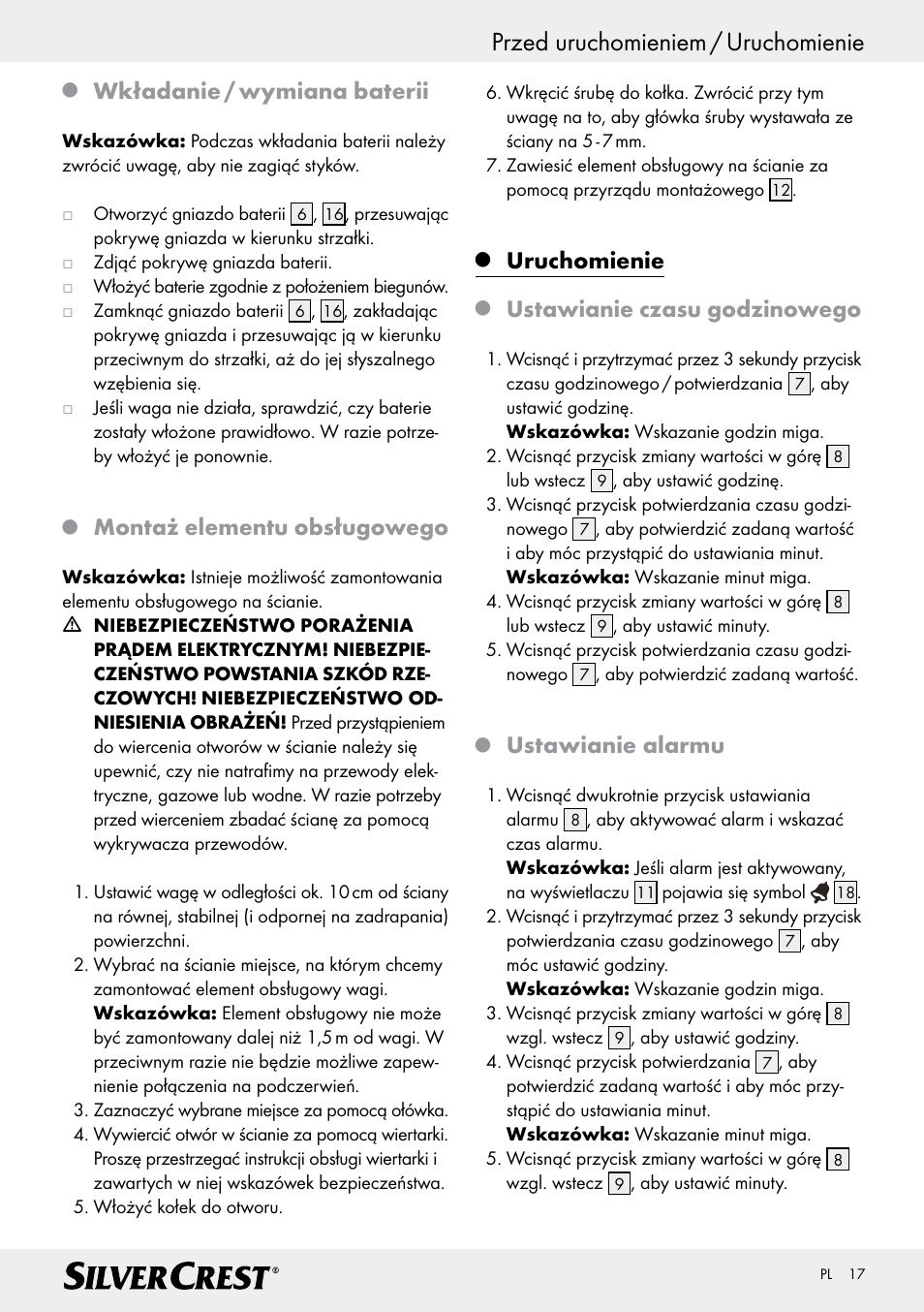 Przed uruchomieniem / uruchomienie, Wkładanie / wymiana baterii, Montaż elementu obsługowego | Uruchomienie, Ustawianie czasu godzinowego, Ustawianie alarmu | Silvercrest Z28414 User Manual | Page 17 / 66