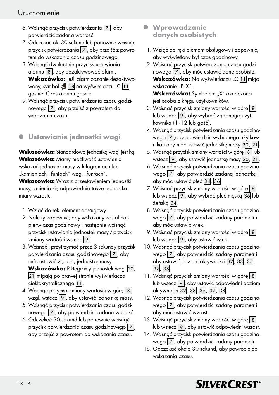 Uruchomienie, Ustawianie jednostki wagi, Wprowadzanie danych osobistych | Silvercrest Z28414 User Manual | Page 18 / 66