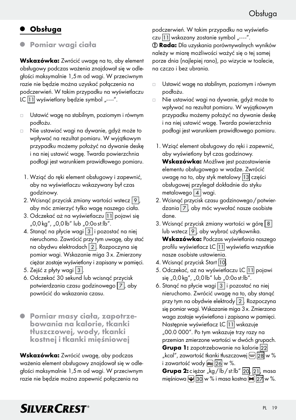 Obsługa, Pomiar wagi ciała | Silvercrest Z28414 User Manual | Page 19 / 66