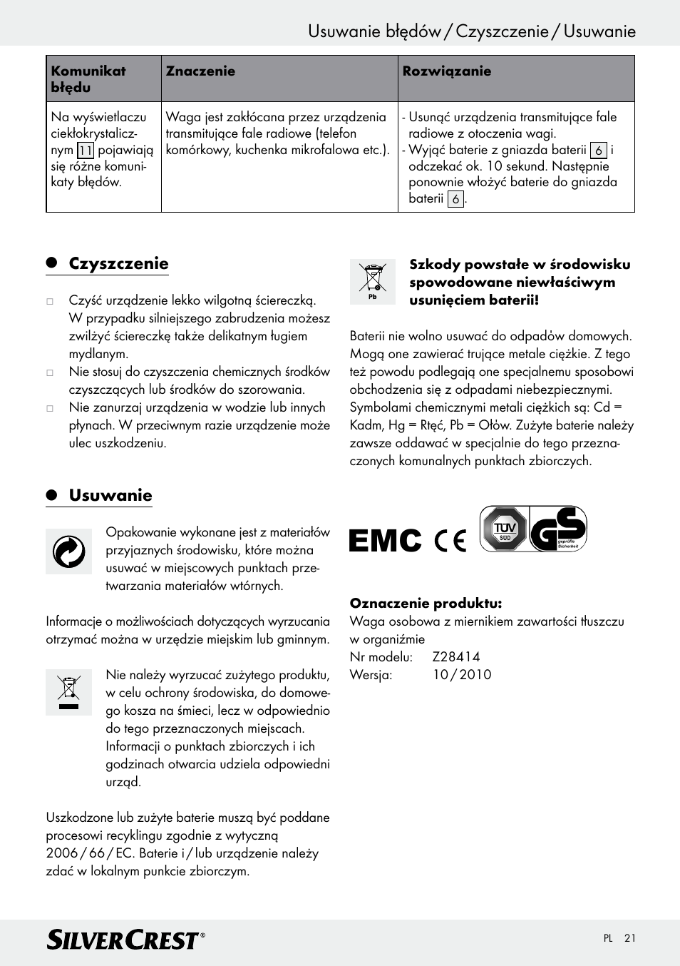 Usuwanie błędów / czyszczenie / usuwanie, Czyszczenie, Usuwanie | Silvercrest Z28414 User Manual | Page 21 / 66