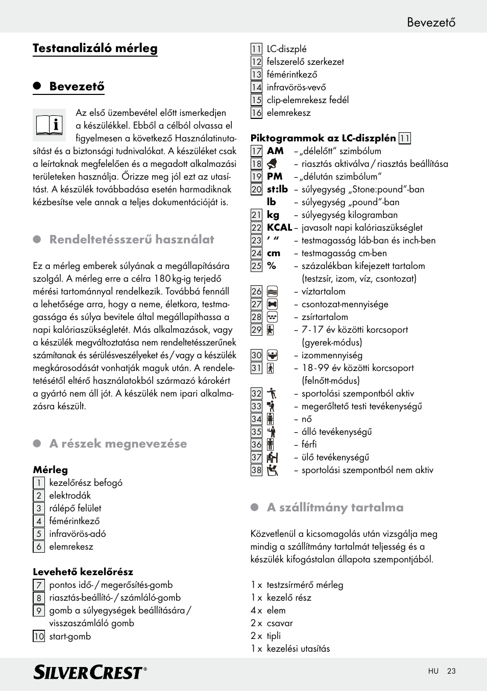 Bevezető, Testanalizáló mérleg, Rendeltetésszerű használat | A részek megnevezése, A szállítmány tartalma | Silvercrest Z28414 User Manual | Page 23 / 66
