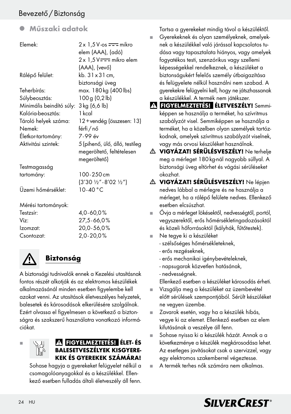 Bevezető / biztonság, Műszaki adatok, Biztonság | Silvercrest Z28414 User Manual | Page 24 / 66