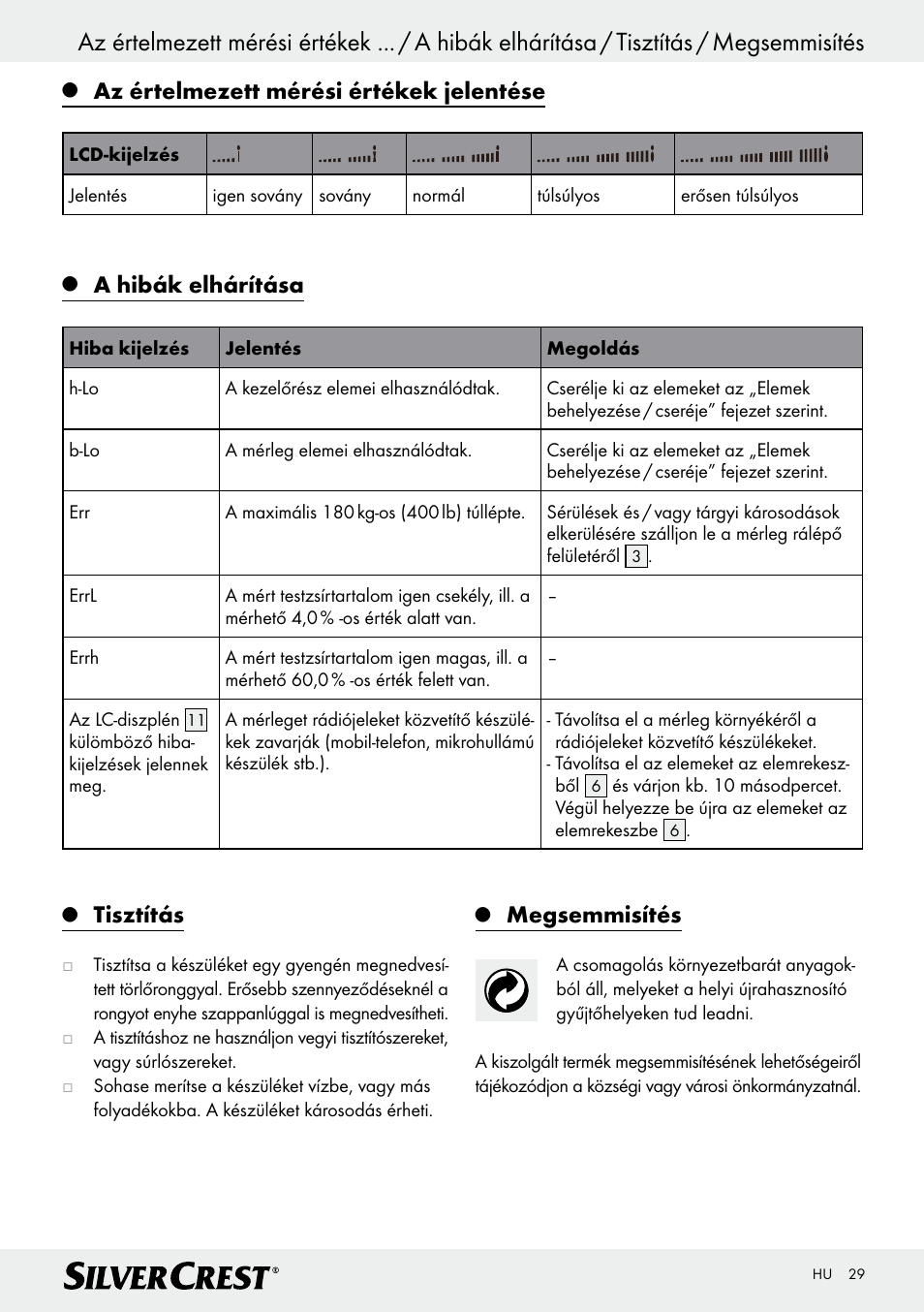 Tisztítás, Megsemmisítés, Az értelmezett mérési értékek jelentése | A hibák elhárítása | Silvercrest Z28414 User Manual | Page 29 / 66