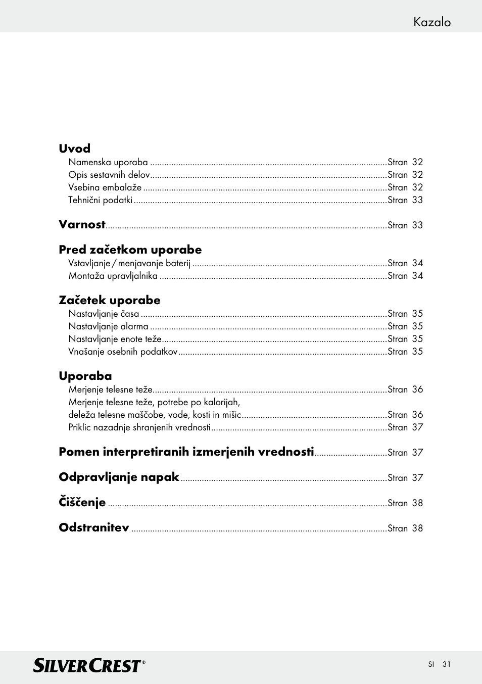 Kazalo | Silvercrest Z28414 User Manual | Page 31 / 66