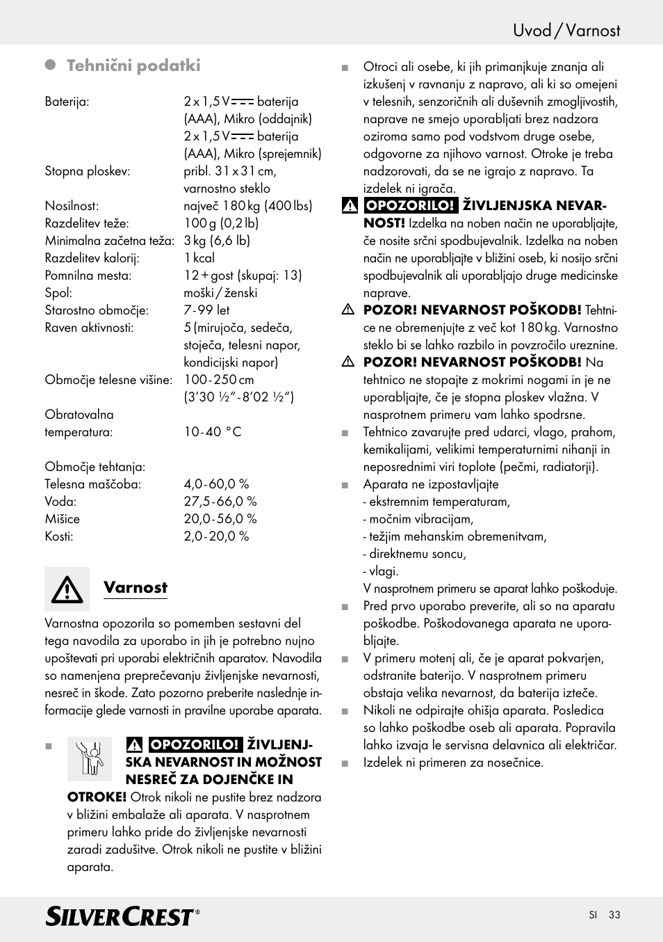 Uvod / varnost, Tehnični podatki, Varnost | Silvercrest Z28414 User Manual | Page 33 / 66