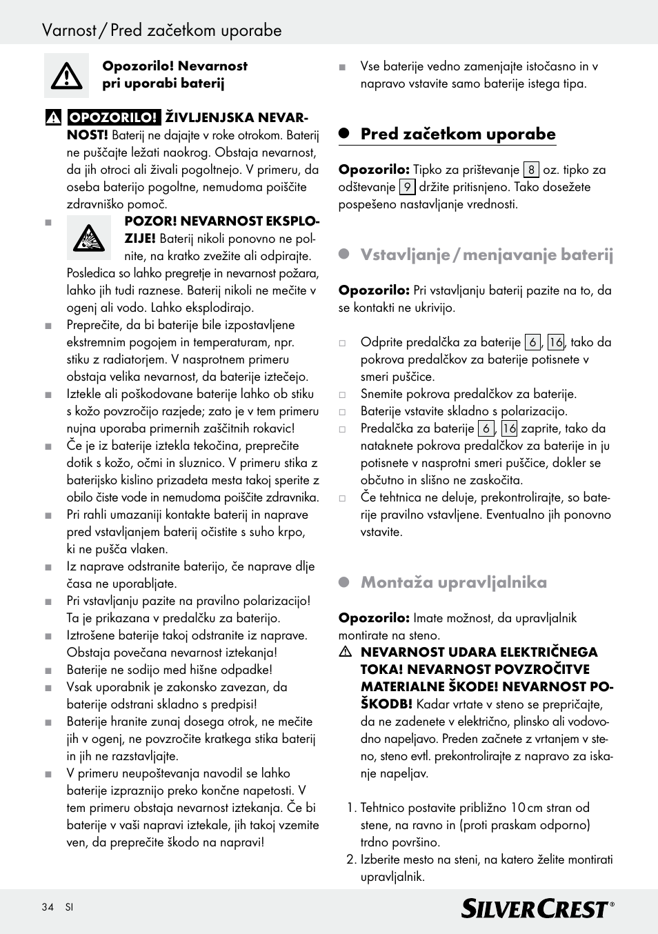 Varnost / pred začetkom uporabe, Pred začetkom uporabe, Vstavljanje / menjavanje baterij | Montaža upravljalnika | Silvercrest Z28414 User Manual | Page 34 / 66