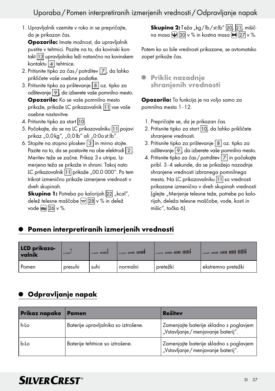 Priklic nazadnje shranjenih vrednosti, Pomen interpretiranih izmerjenih vrednosti, Odpravljanje napak | Silvercrest Z28414 User Manual | Page 37 / 66