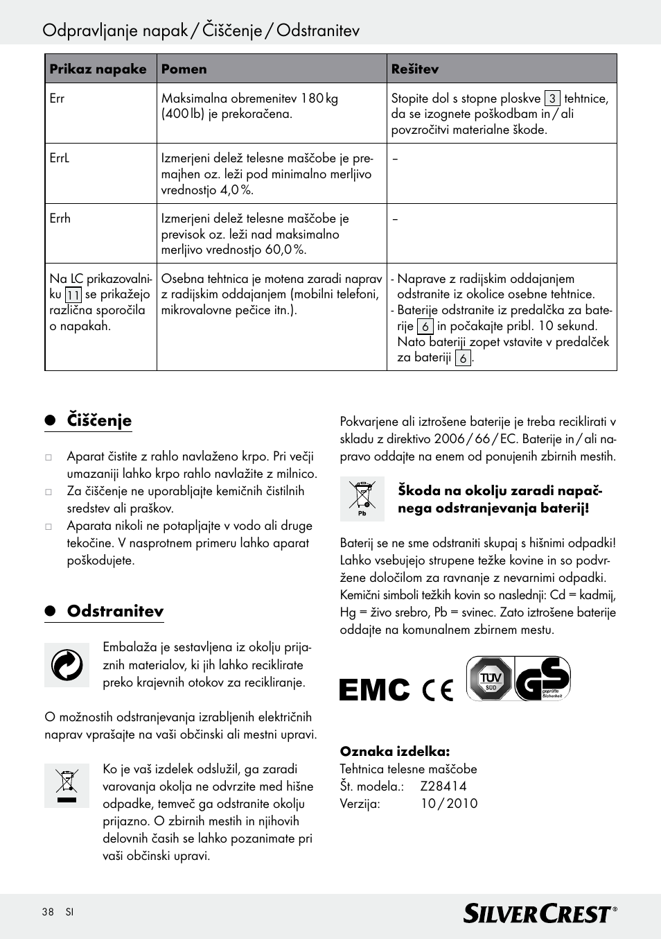 Odpravljanje napak / čiščenje / odstranitev, Čiščenje, Odstranitev | Silvercrest Z28414 User Manual | Page 38 / 66