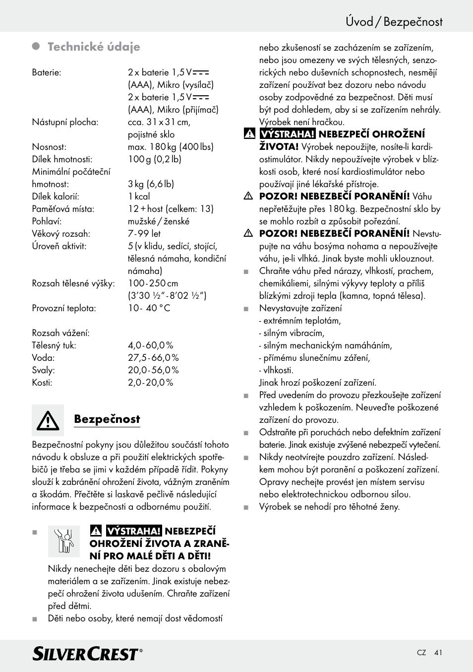 Úvod / bezpečnost, Technické údaje, Bezpečnost | Silvercrest Z28414 User Manual | Page 41 / 66