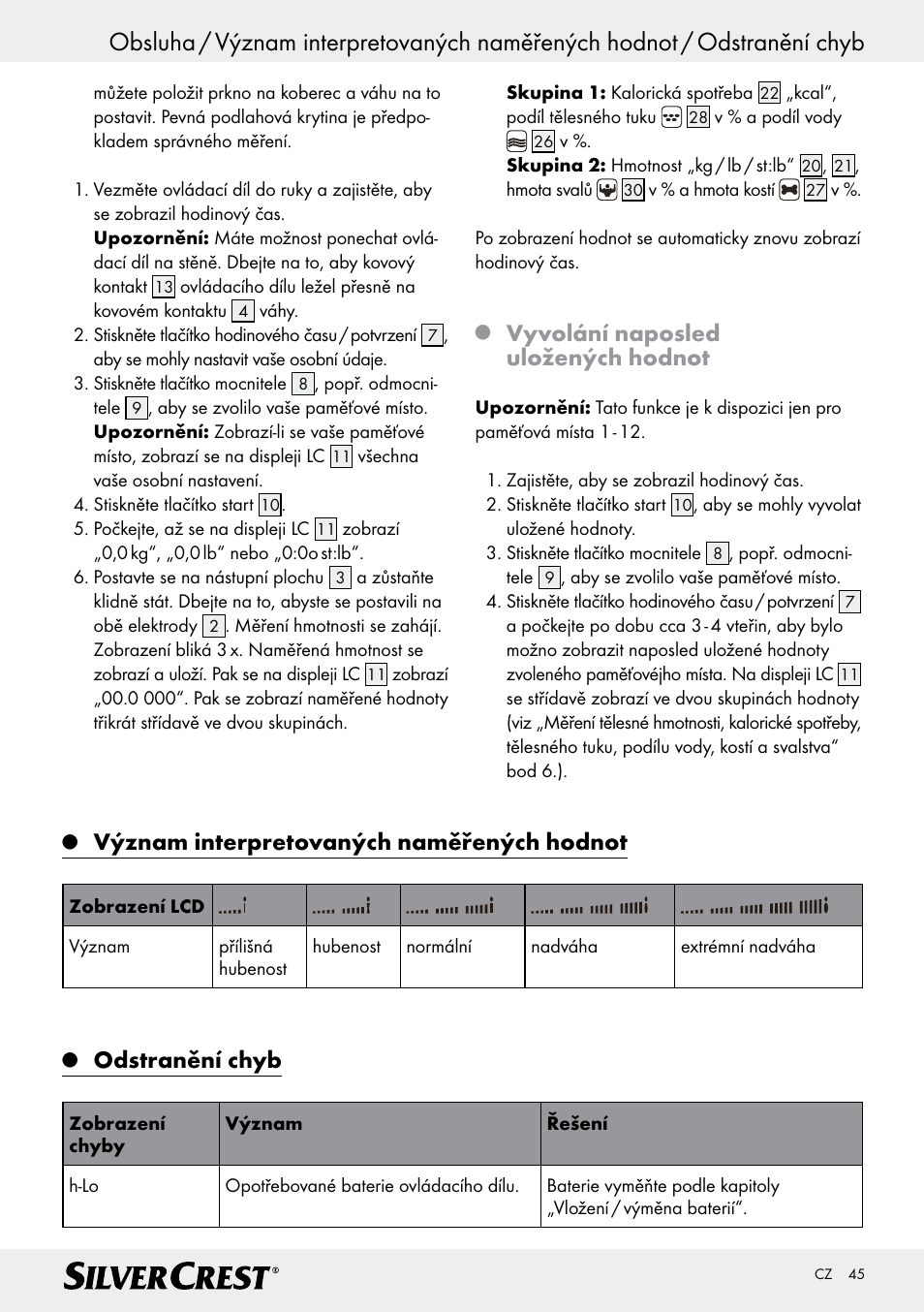 Vyvolání naposled uložených hodnot, Význam interpretovaných naměřených hodnot, Odstranění chyb | Silvercrest Z28414 User Manual | Page 45 / 66