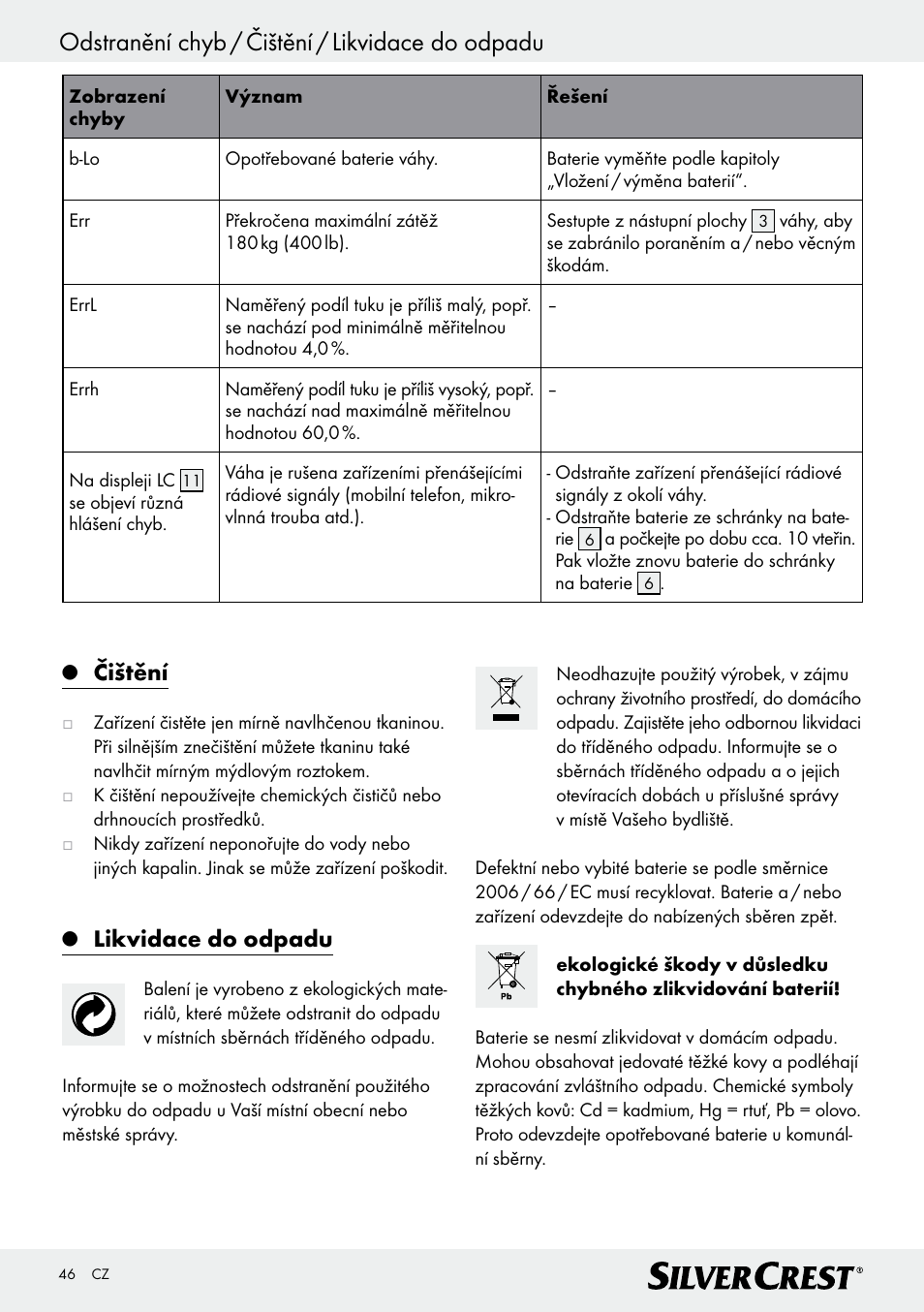 Odstranění chyb / čištění / likvidace do odpadu, Čištění, Likvidace do odpadu | Silvercrest Z28414 User Manual | Page 46 / 66