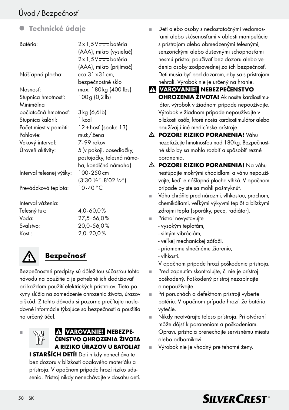 Úvod / bezpečnosť, Technické údaje, Bezpečnosť | Silvercrest Z28414 User Manual | Page 50 / 66