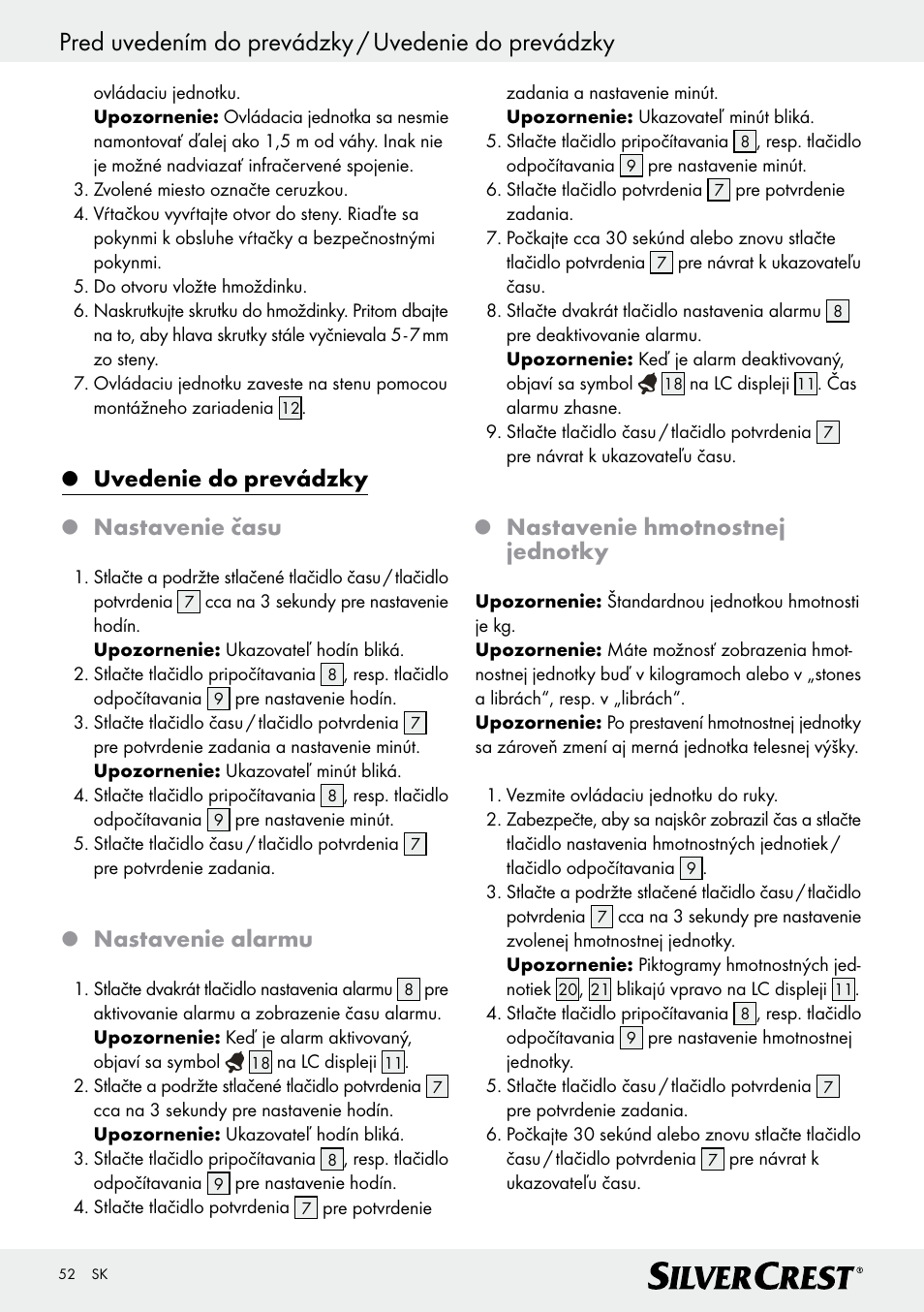 Pred uvedením do prevádzky / uvedenie do prevádzky, Uvedenie do prevádzky, Nastavenie času | Nastavenie alarmu, Nastavenie hmotnostnej jednotky | Silvercrest Z28414 User Manual | Page 52 / 66