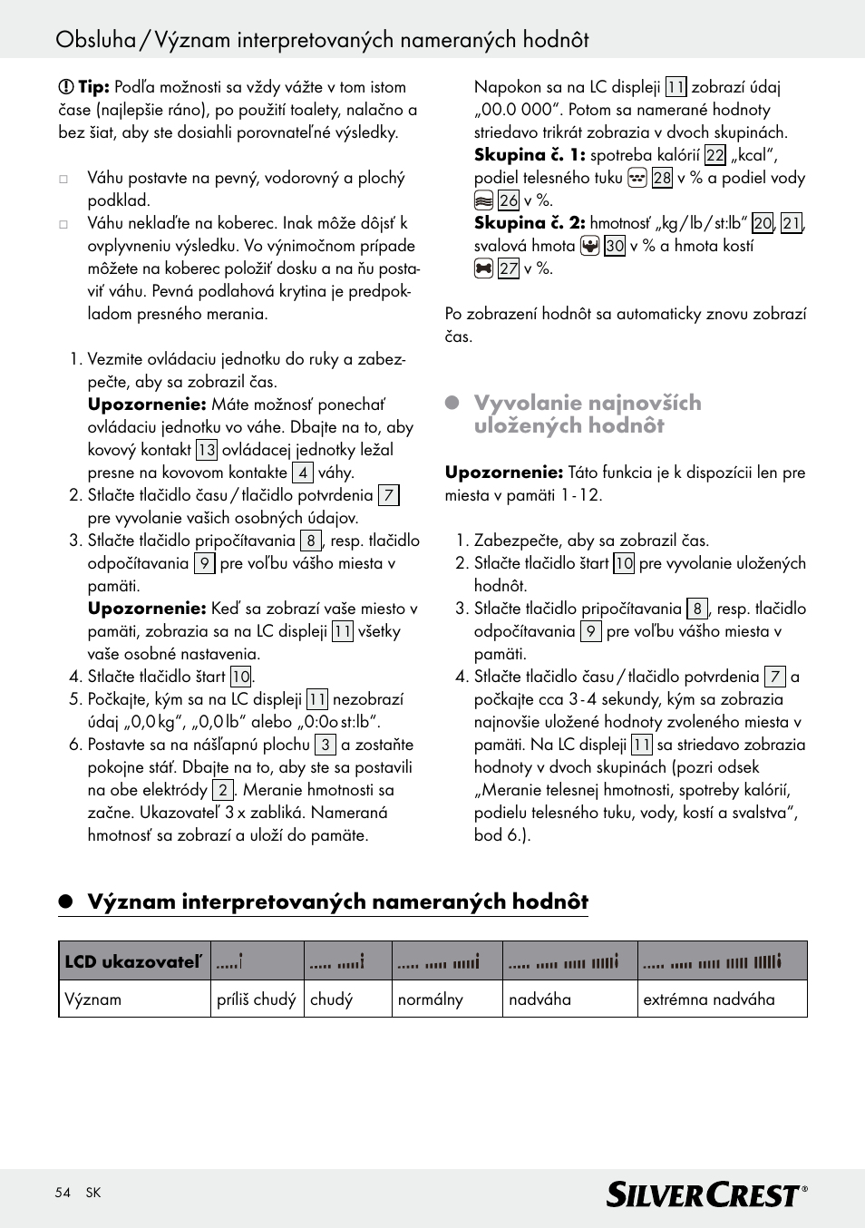 Vyvolanie najnovších uložených hodnôt, Význam interpretovaných nameraných hodnôt | Silvercrest Z28414 User Manual | Page 54 / 66