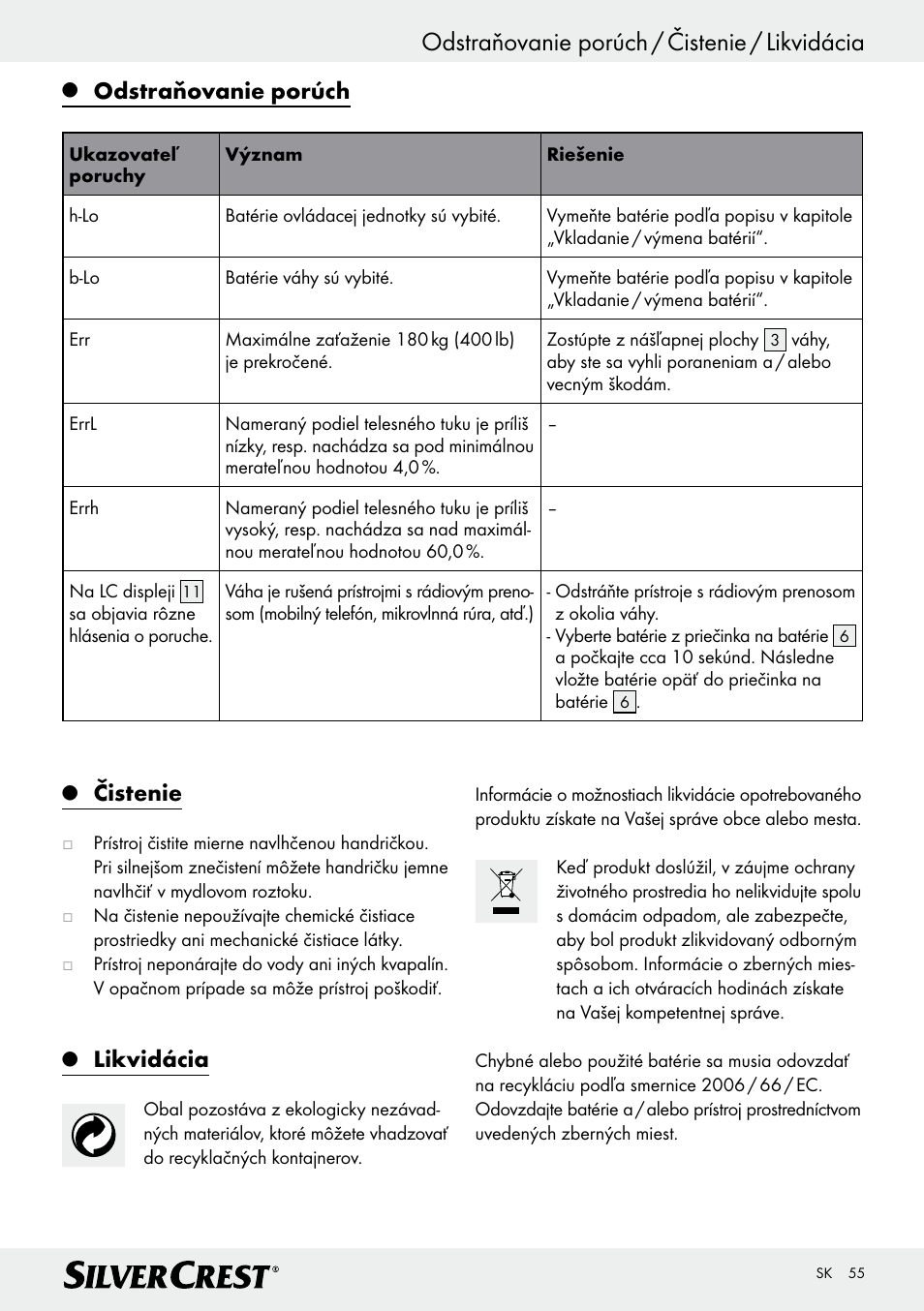 Odstraňovanie porúch / čistenie / likvidácia, Čistenie, Likvidácia | Odstraňovanie porúch | Silvercrest Z28414 User Manual | Page 55 / 66