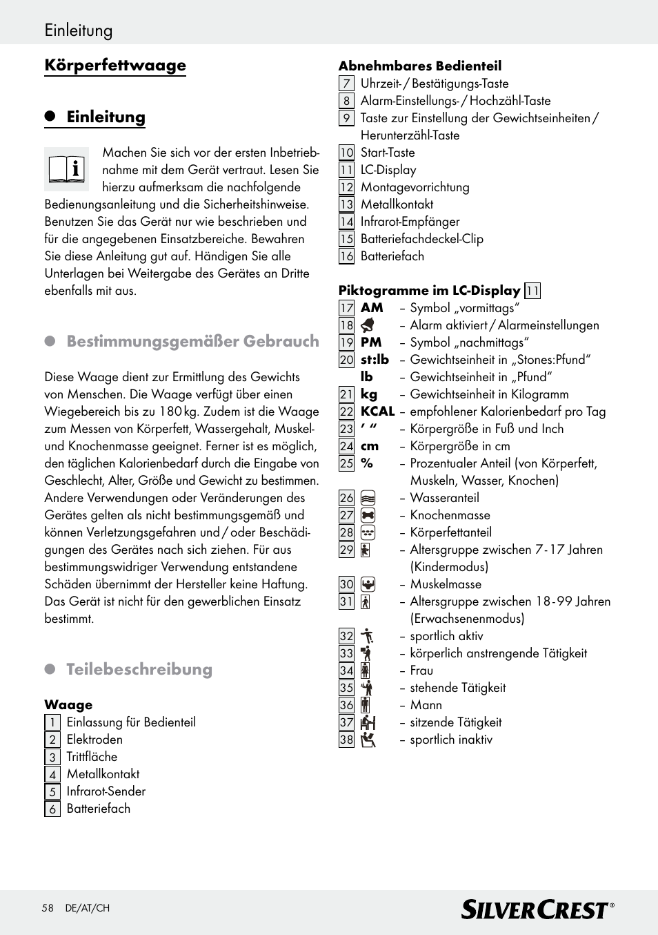 Einleitung, Körperfettwaage, Bestimmungsgemäßer gebrauch | Teilebeschreibung | Silvercrest Z28414 User Manual | Page 58 / 66