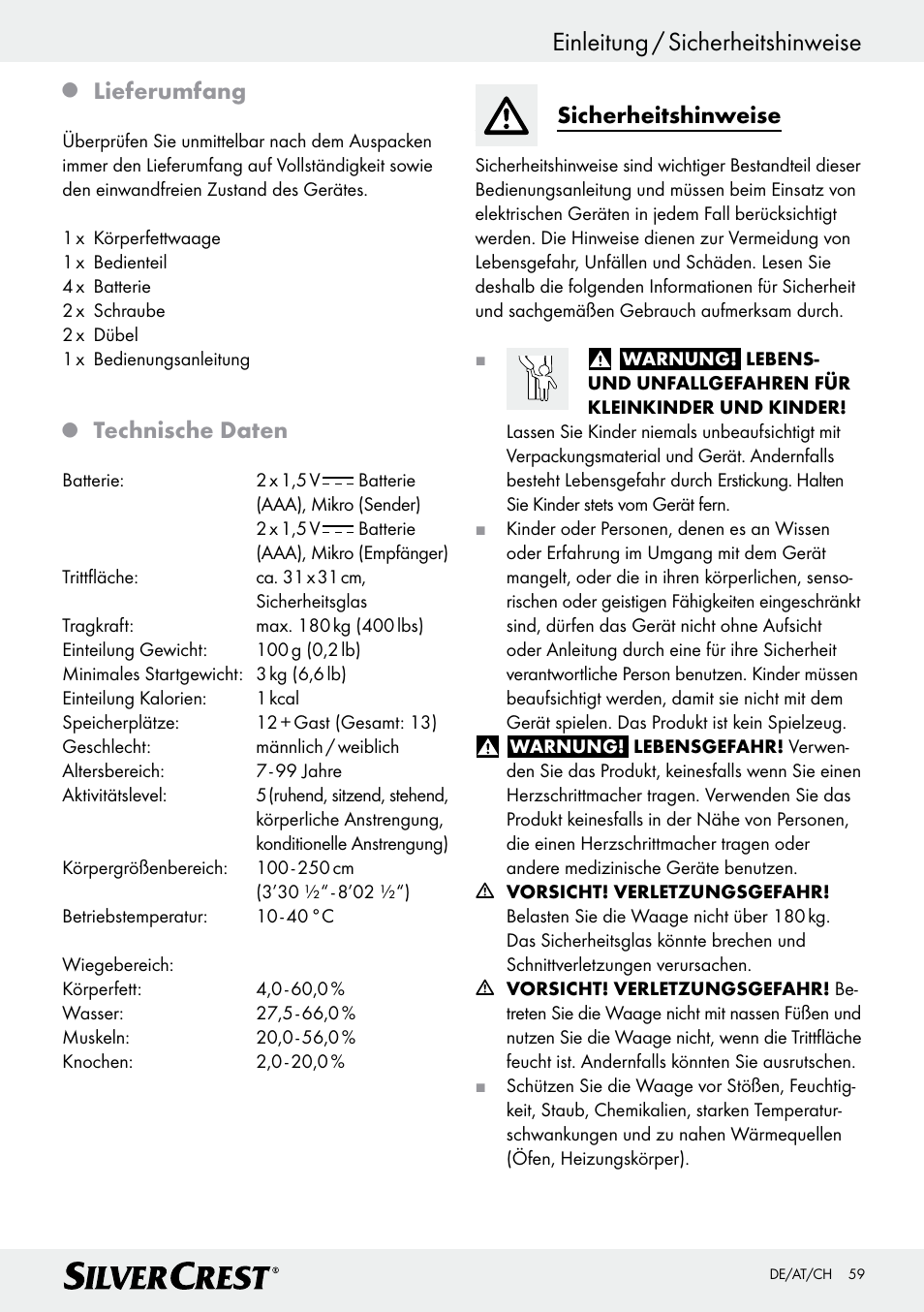 Einleitung / sicherheitshinweise, Lieferumfang, Technische daten | Sicherheitshinweise | Silvercrest Z28414 User Manual | Page 59 / 66